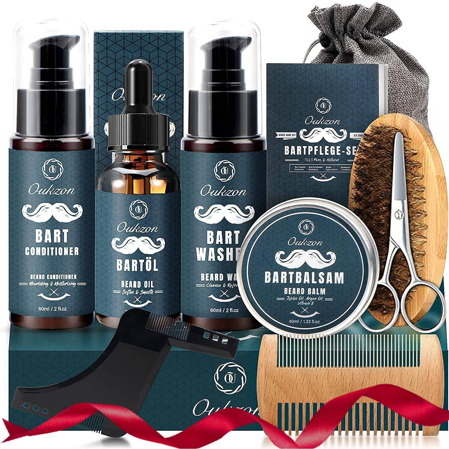 Herrenpflege-Bartset mit Conditioner, Bartöl, Bartreiniger, Balsam, Schere, Bürste, Kamm und Geschenkbeutel, angeordnet als Produktdisplay.