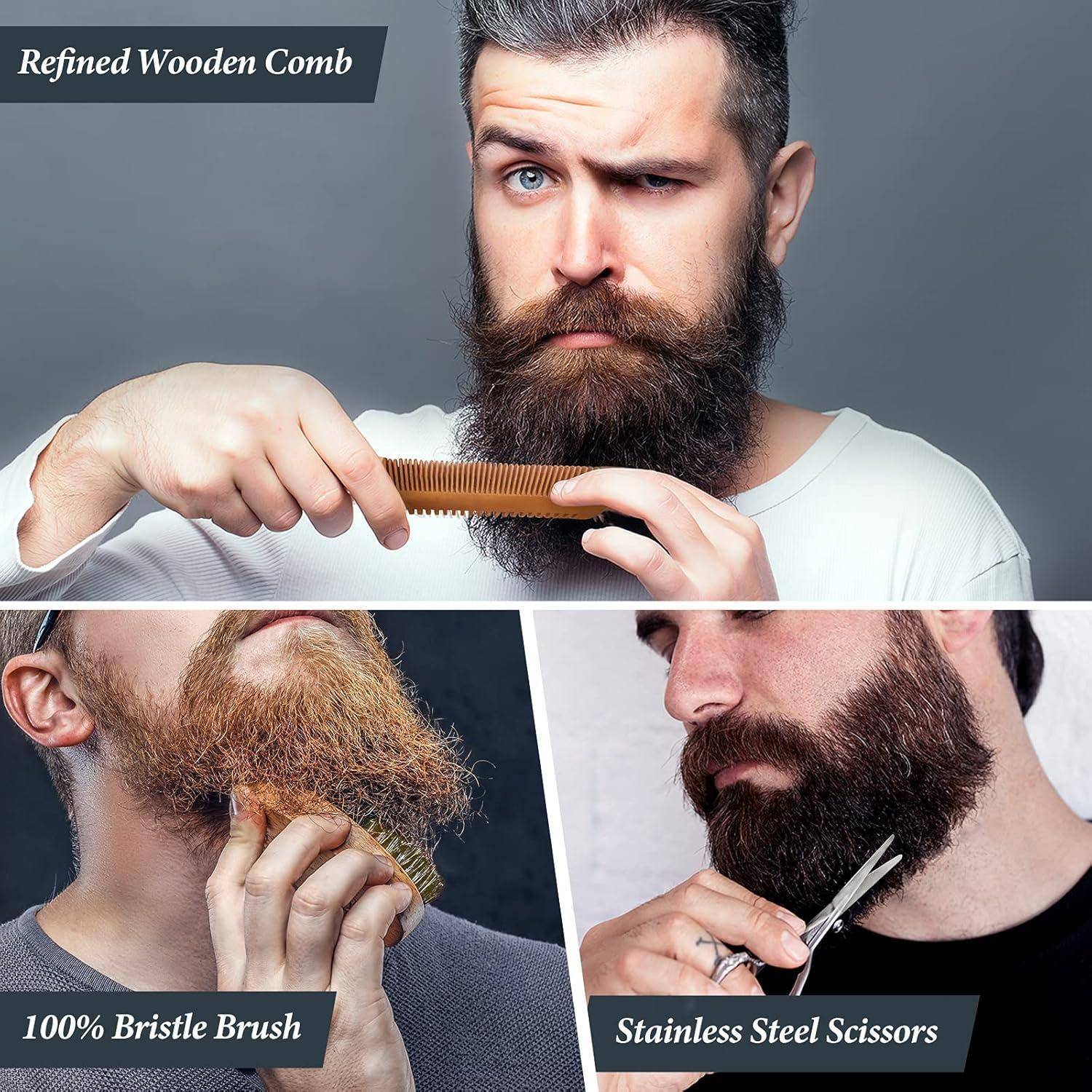 Dreipanel-Styling-Collage, die einen bärtigen Mann zeigt, der einen Holzkamm, eine Bürste mit Naturborsten und eine Edelstahlschere verwendet, um seinen Bart zu formen.