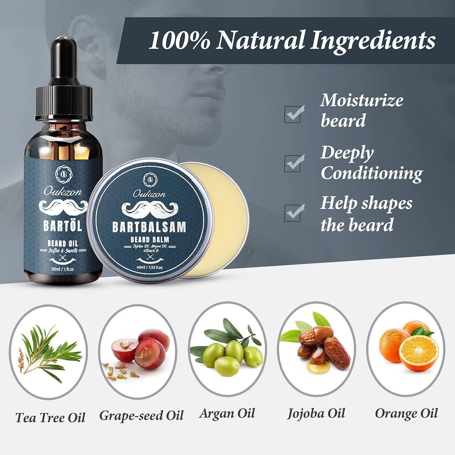 Bartöl- und Bartbalsam-Produkte mit der Aufschrift „100% natürliche Inhaltsstoffe