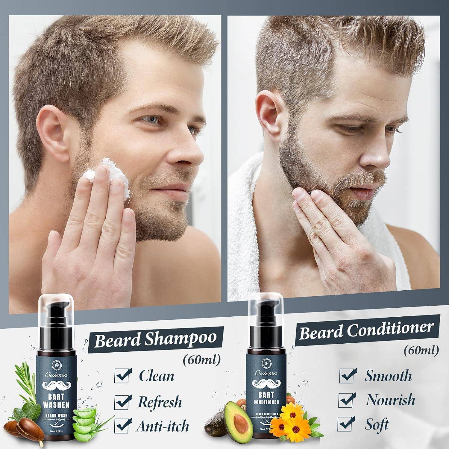 Geteilte Anzeige zeigt einen Mann, der Bartpflegeprodukte anwendet; Bartshampoo verspricht Reinigung, Erfrischung, gegen Juckreiz, während Bartconditioner Glätte, Nährung, Weichheit verspricht.