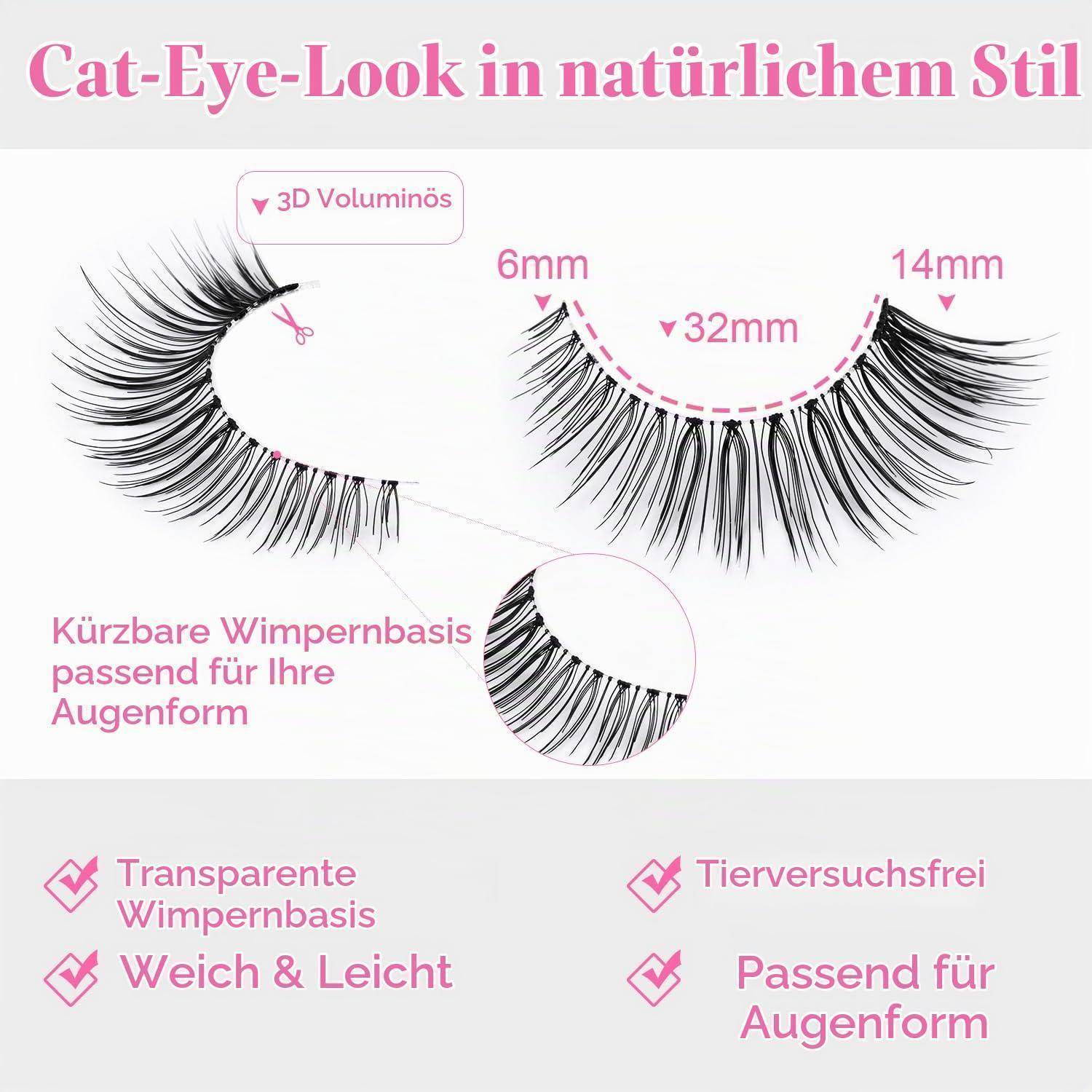 Katzenauge-Wimpernverlängerungen auf weißem Hintergrund, beschriftet mit natürlichem Stil, 3D-Volumen, 6 mm, 14 mm, 32 mm und Vorteilen wie transparente Basis, weich und leicht.