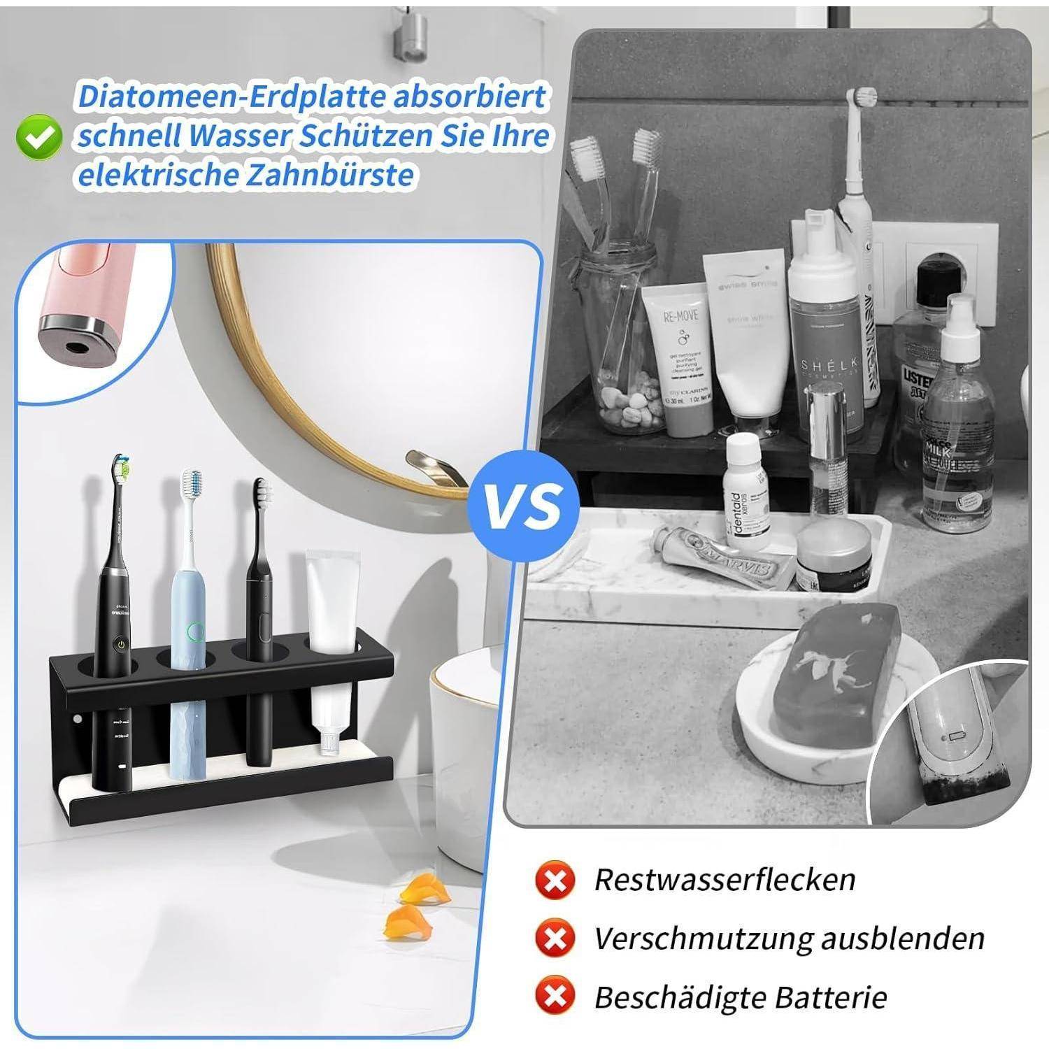 Halbbildschirm-Anzeige zum Vergleich eines Badezimmer-Zahnbürstenhalters: Links zeigt ein Diatomeenerde-Ständer, der elektrische Zahnbürsten trocken hält; rechts zeigt ein nasser, unordentlicher Halter mit Wasserflecken, Schmutz und Batterieschäden.
