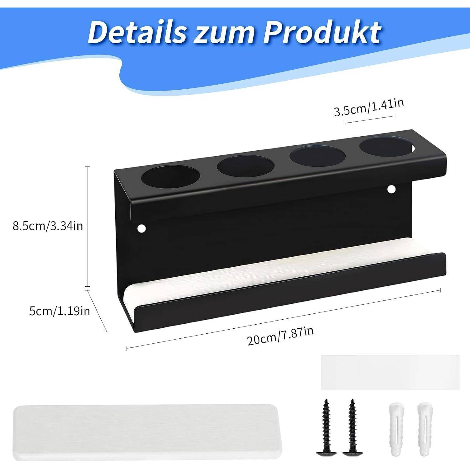 Produktdetail-Diagramm zeigt einen schwarzen wandmontierten Halter mit vier runden Schlitzen, Abmessungen gekennzeichnet 20 cm breit, 8,5 cm hoch, 3,5 cm tief, plus Montageschrauben und Wanddübel.