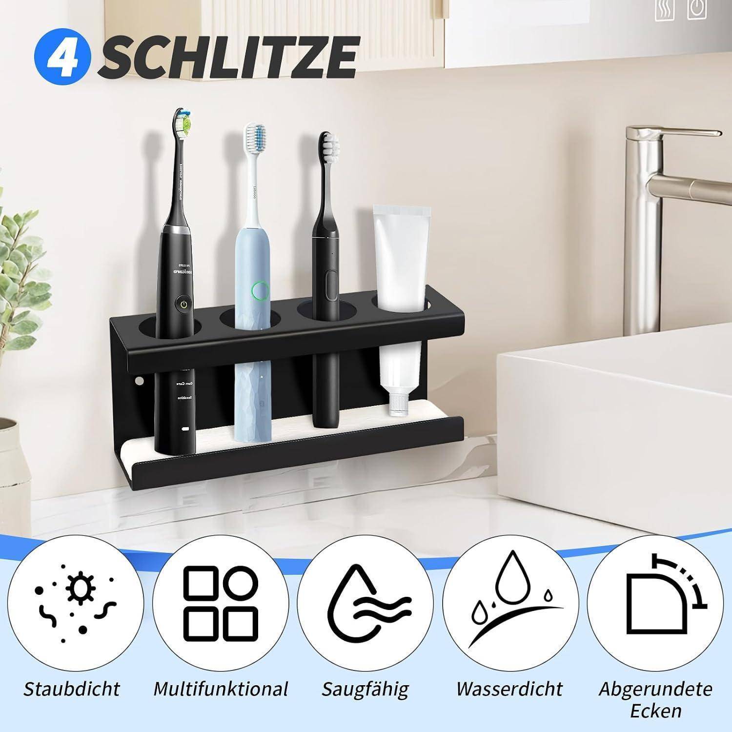 Schwarzer Arbeitsplattenorganizer hält vier elektrische Zahnbürsten und Zahnpasta neben einem Badezimmerspülbecken; Symbole darunter kennzeichnen ihn als staubdicht, multifunktional, saugfähig, wasserdicht und mit abgerundeten Kanten.