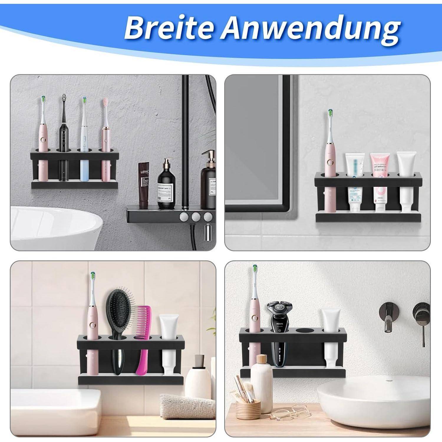 Collage mit an der Wand montierten Badezimmerregalen mit Zahnbürsten, Zahnpasta und Hygieneartikeln, die in verschiedenen Badezimmereinrichtungen verwendet werden.