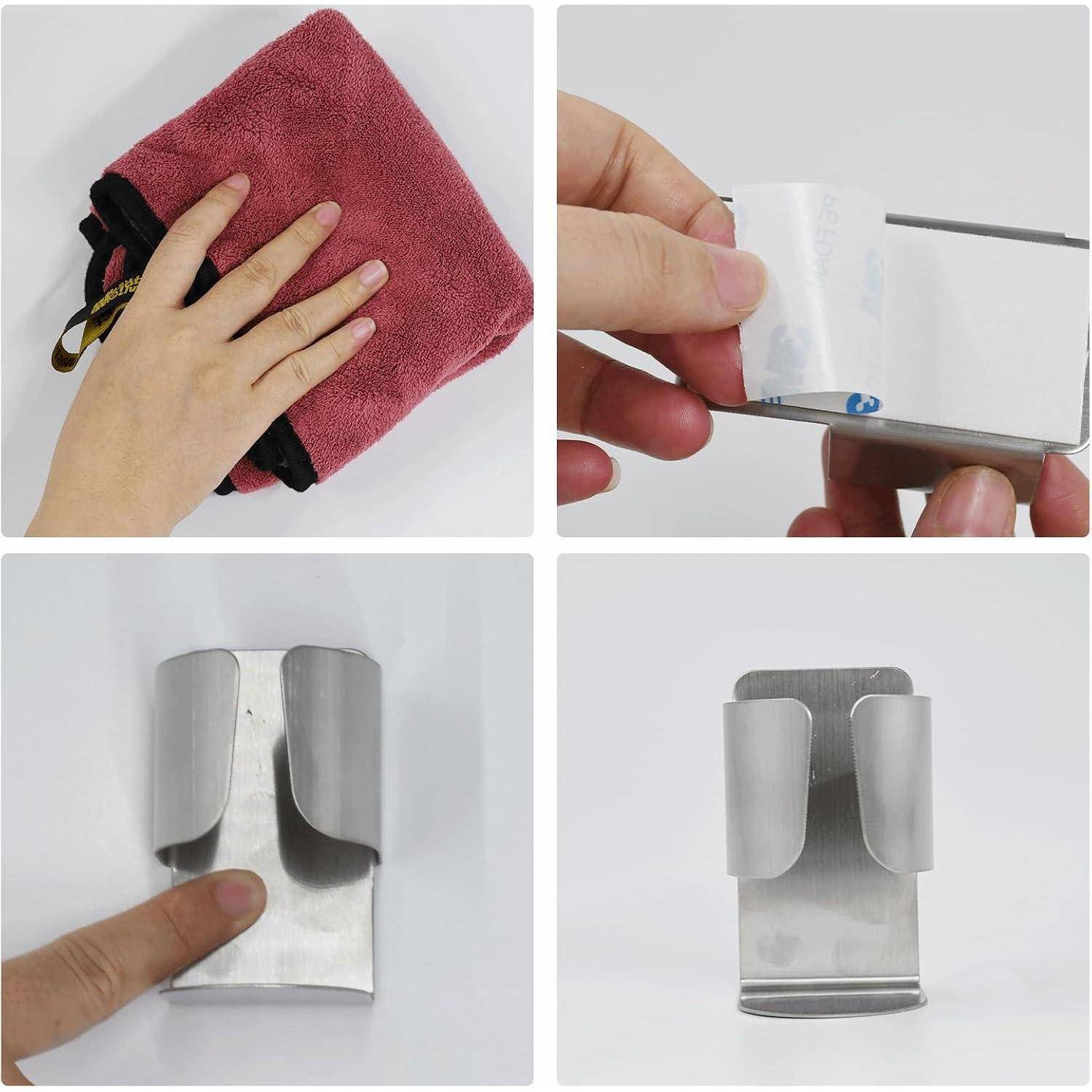 Collage, die einen an der Wand montierten Metallclip oder Halter zeigt, der von Hand gedrückt und geöffnet wird, wobei ein Handtuch in einem Bild eingeführt wird.