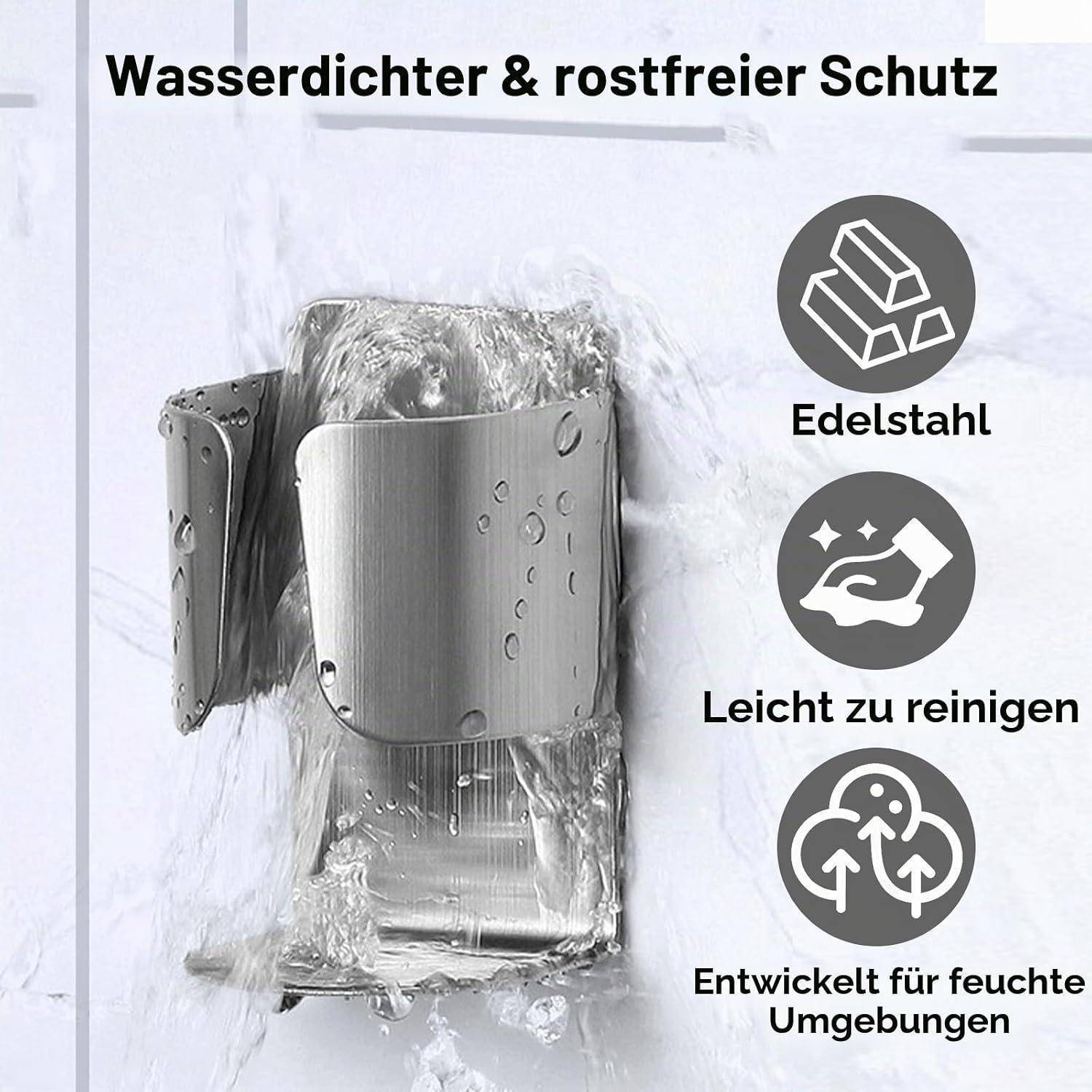 Wasser spritzt über eine Edelstahlwandarmatur, mit deutschem Text, der wasserdichte, rostfreie Schutzvorrichtung, einfache Reinigung und Verwendung in feuchten Umgebungen hervorhebt.