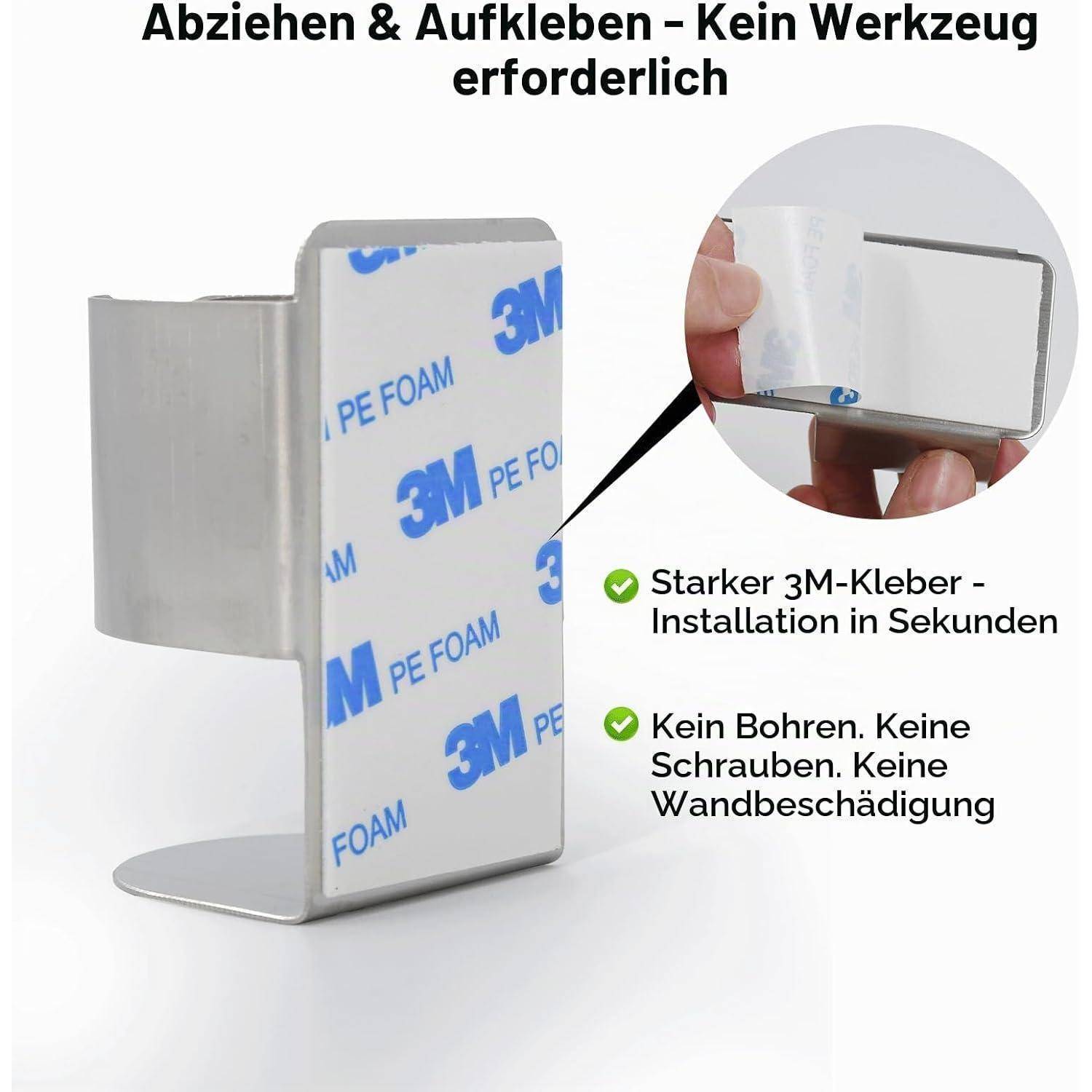 3M-Klebebefestigung für die Wand mit ablösbarer Klebeschicht; der Text besagt, dass keine Werkzeuge erforderlich sind, die Installation dauert nur Sekunden, kein Bohren oder Wandbeschädigungen.