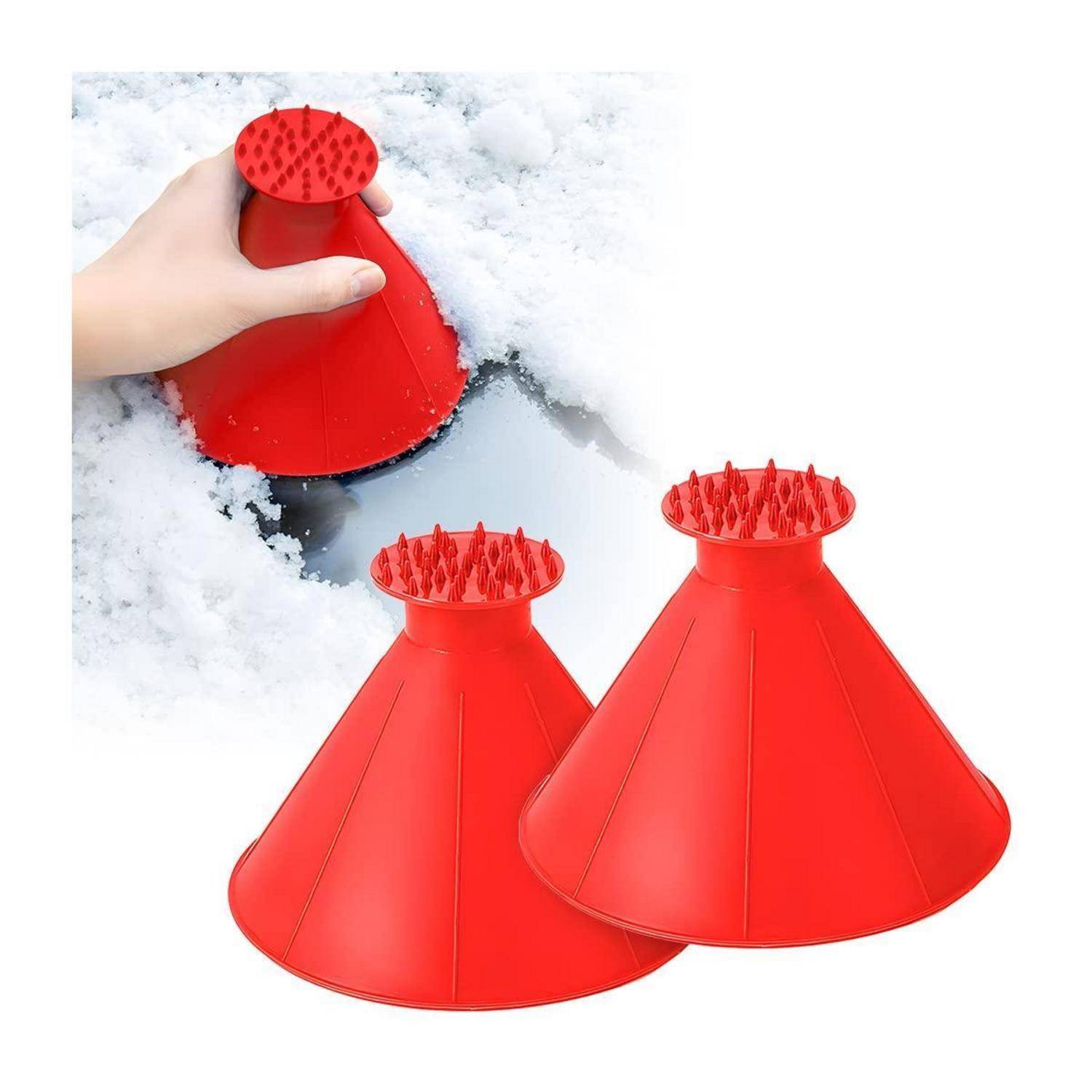 Hand zieht eine rot-kegelförmige Eiskralle aus dem Schnee, mit zwei zusätzlichen roten Krallen unten auf weißem Hintergrund dargestellt.