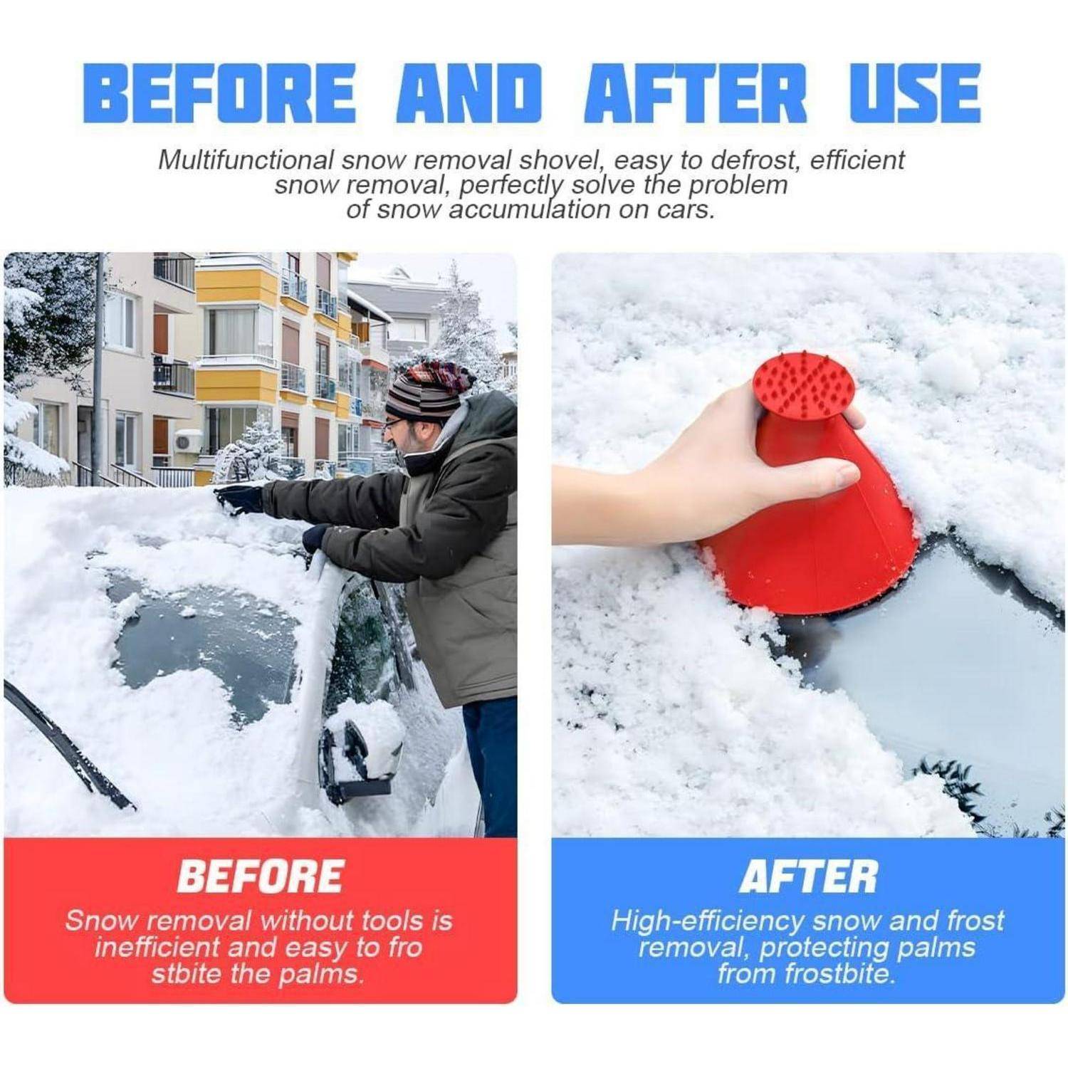 Vorher-Nachher-Anzeige, die ein Schneeräumungswerkzeug zeigt, das eine Autoscheibe freimacht; vorher verwendet man die Hände und hinterlässt Schnee, nachher verwendet man einen roten Kratzer, um Schnee und Frost zu entfernen.
