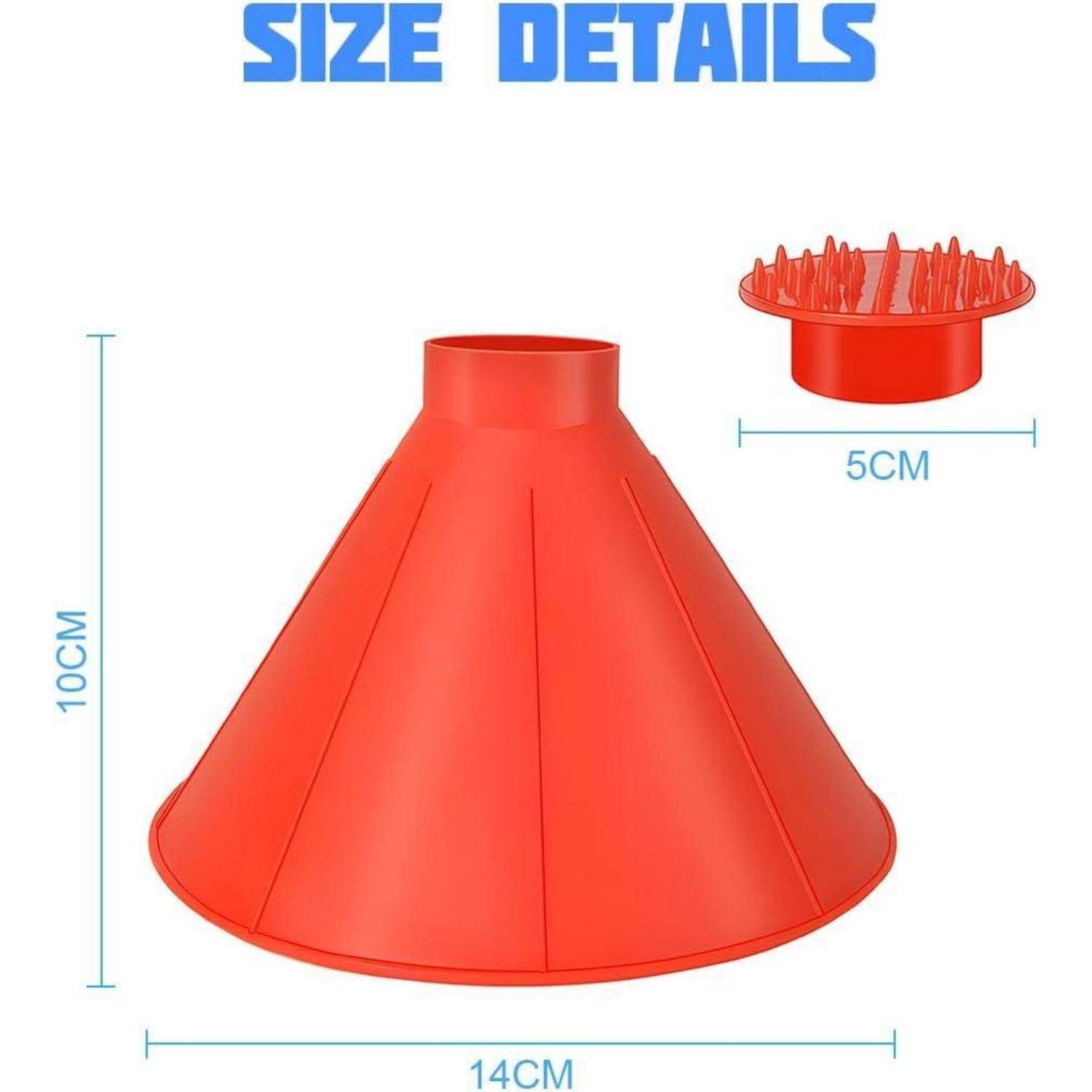 Größendetails-Diagramm eines roten Kunststoff-Trichter-ähnlichen Werkzeugs, das eine Höhe von 10 cm und eine Basisbreite von 14 cm mit einer 5 cm breiten oberen Öffnung zeigt.