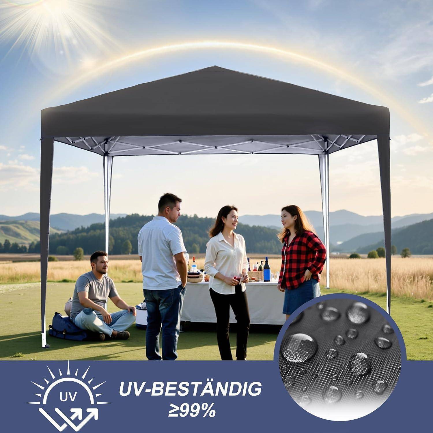 Schwarzes Outdoor-Pavillon-Zelt mit vier Personen, die darunter miteinander socializen; die Anzeige hebt die UV-Beständigkeit „UV-BESTÄNDIG ≥99%" mit einer Großaufnahme des wasserabweisenden Gewebes hervor.