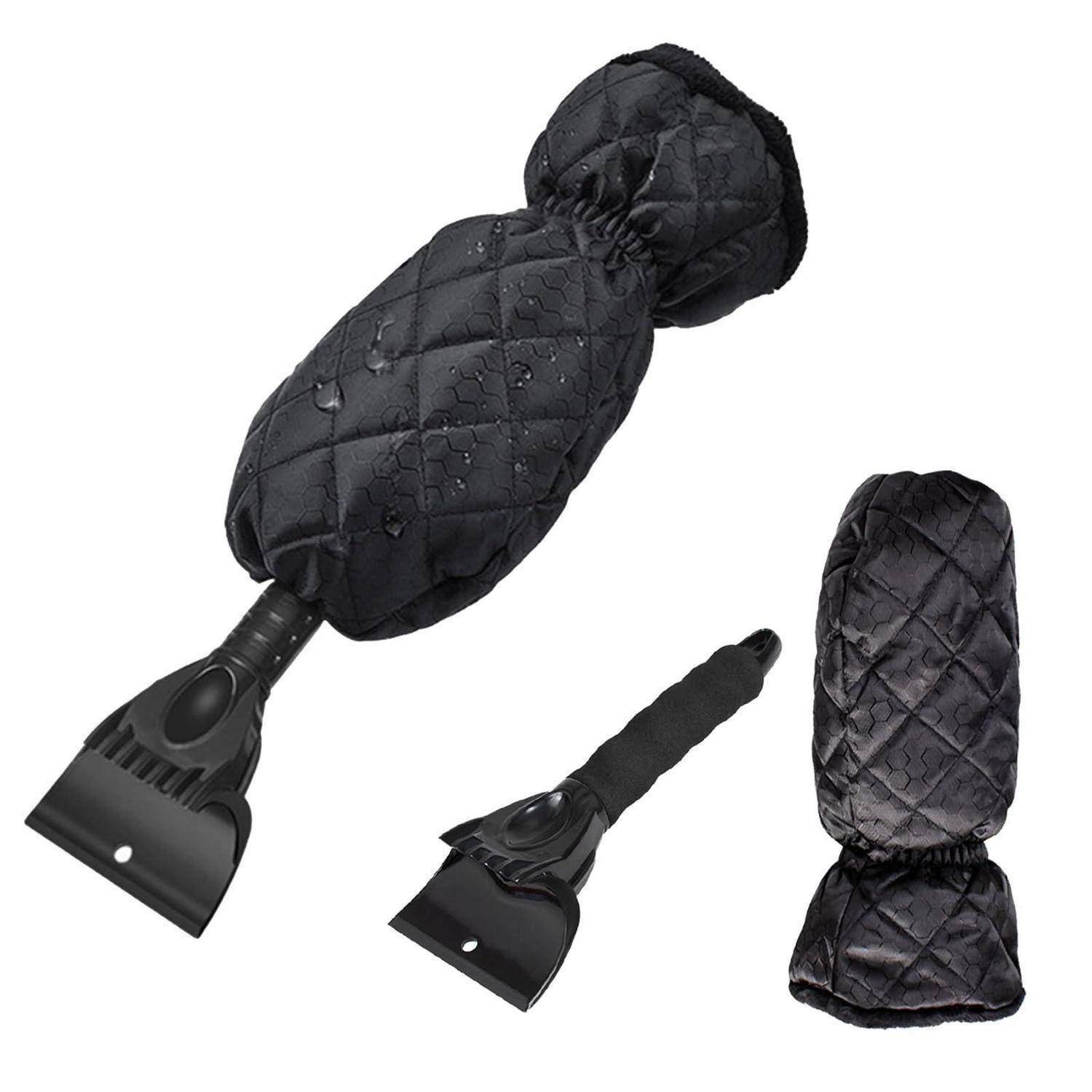 Schwarzer gesteppter Eiskratzer-Handschuh mit integriertem Kunststoffschaber, dargestellt in drei Ansichten auf weißem Hintergrund.