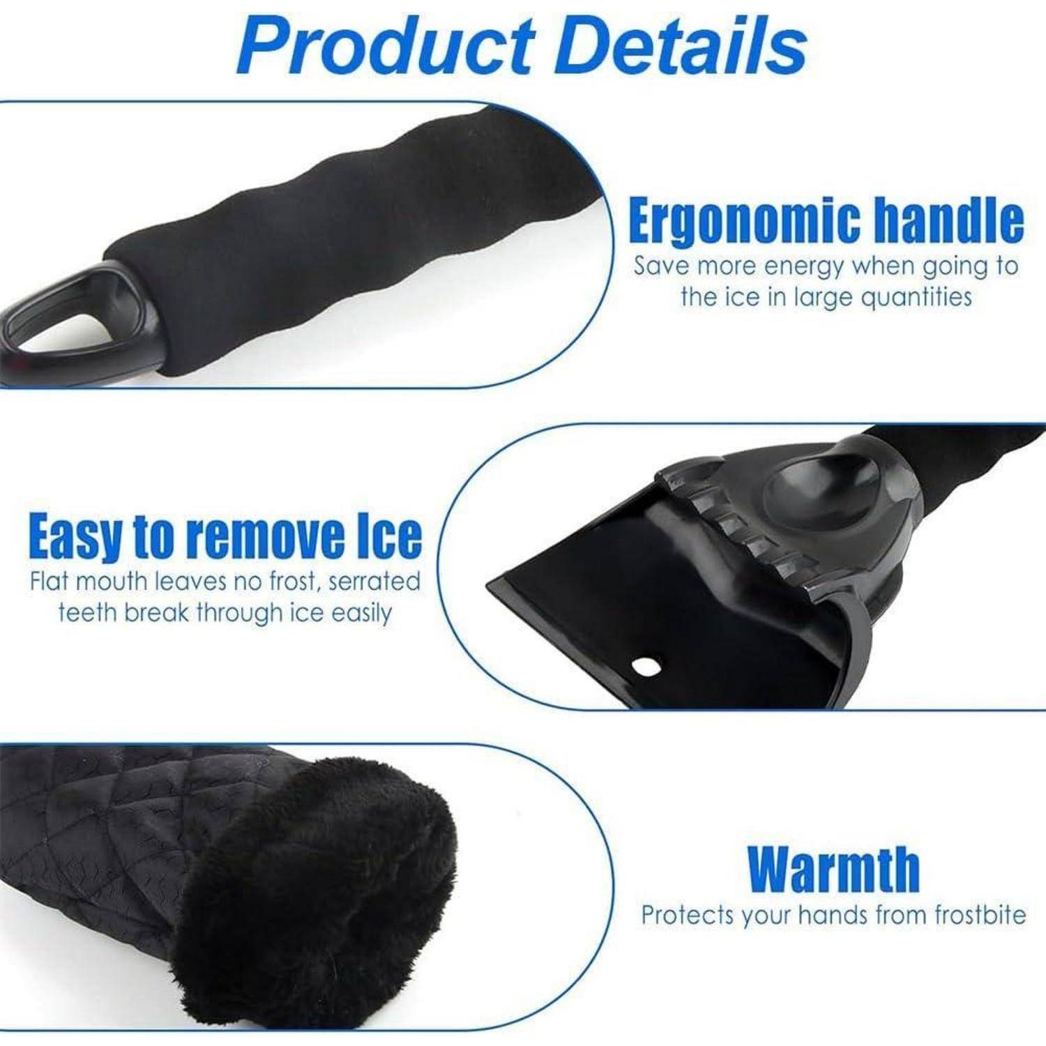 Produktdetails-Grafik für einen Eiskratzer mit ergonomischem Griff, leichter Eisentfernung mit gezahnter Kante und wärmeisoliertem Griff.