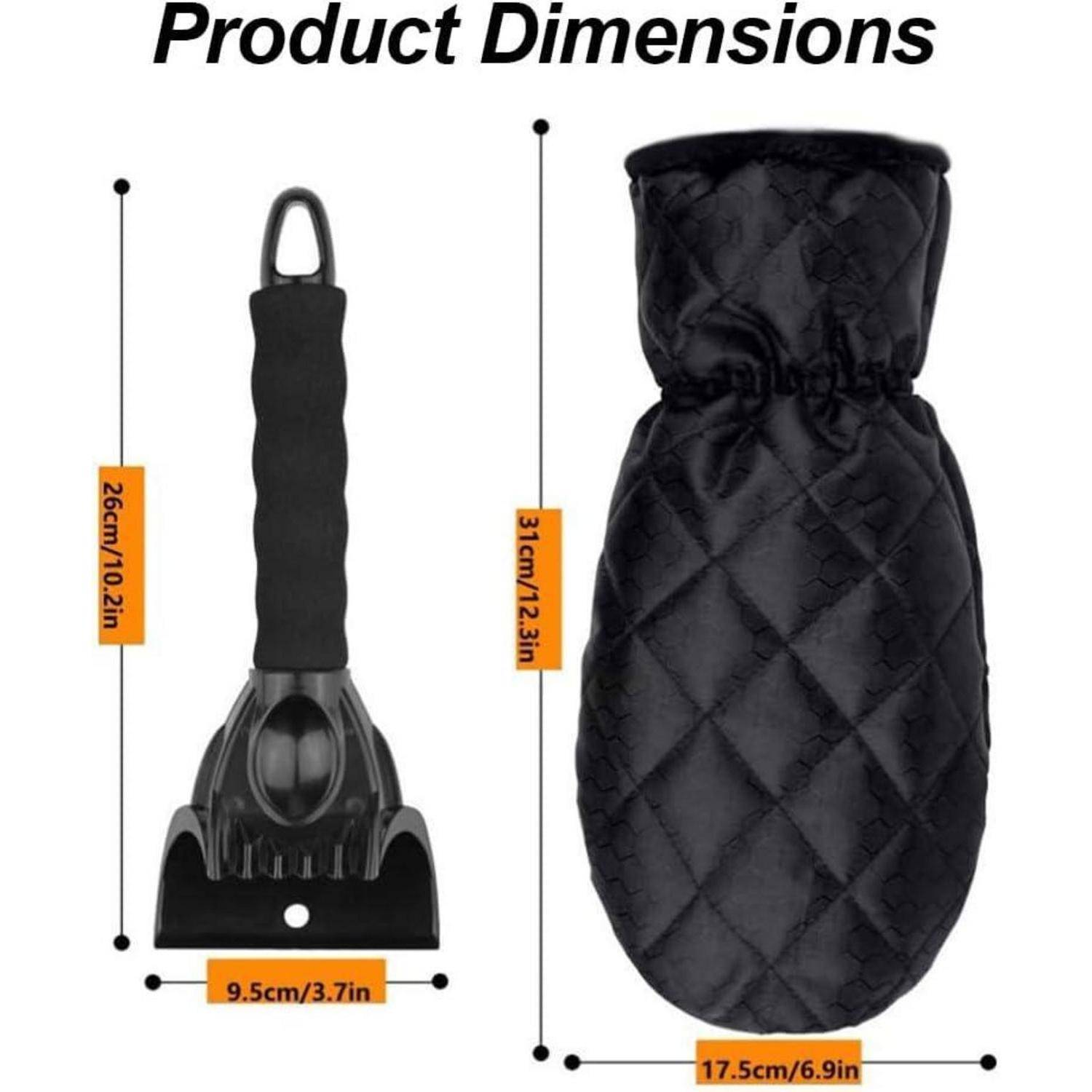 Produktdimensioniert zeigt eine schwarze Schneebürste und einen gesteppten Handschuh: Bürste 26 cm hoch, 9,5 cm breit; Handschuh 31 cm hoch, 17,5 cm breit.
