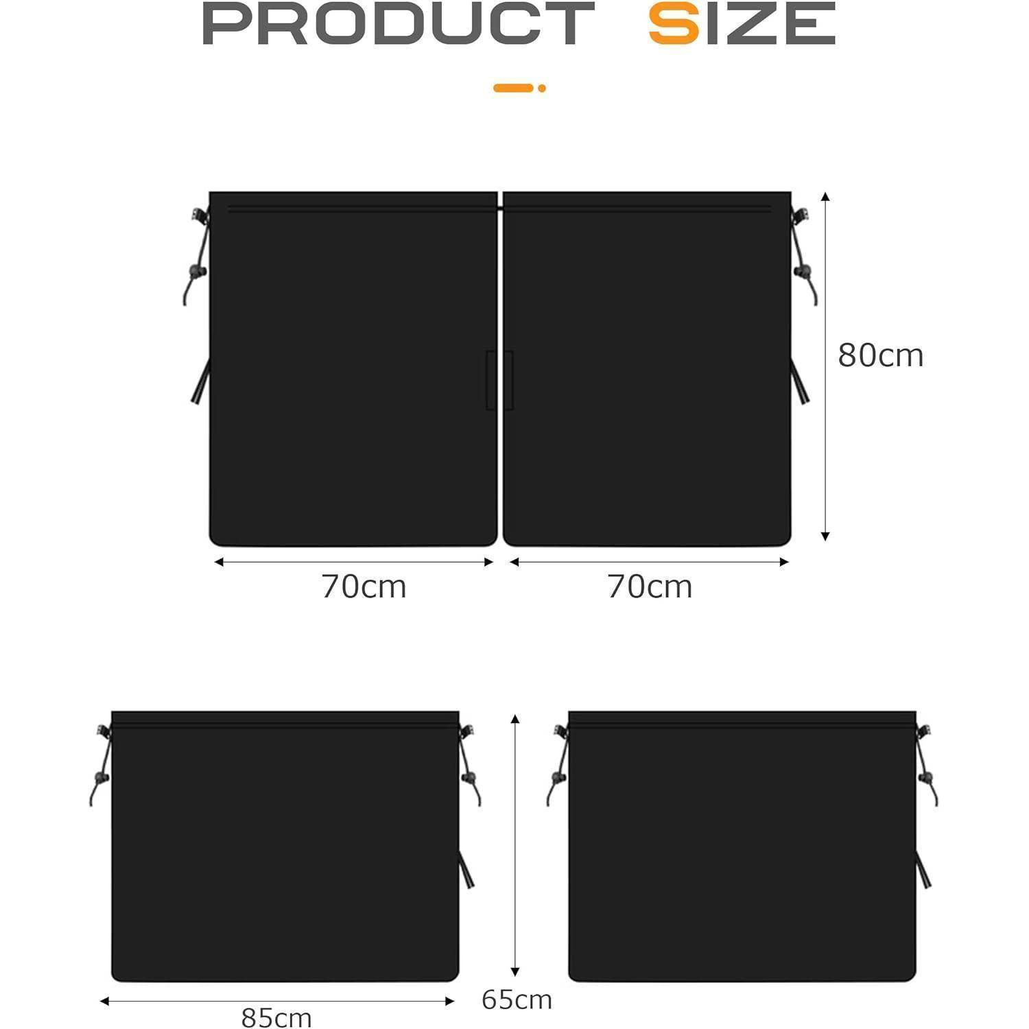Produktgrößendiagramm mit zwei schwarzen Lagertaschen: jede 70 cm breit, 80 cm hoch, wenn verbunden; einzelne Tasche misst 85 cm breit mal 65 cm hoch.