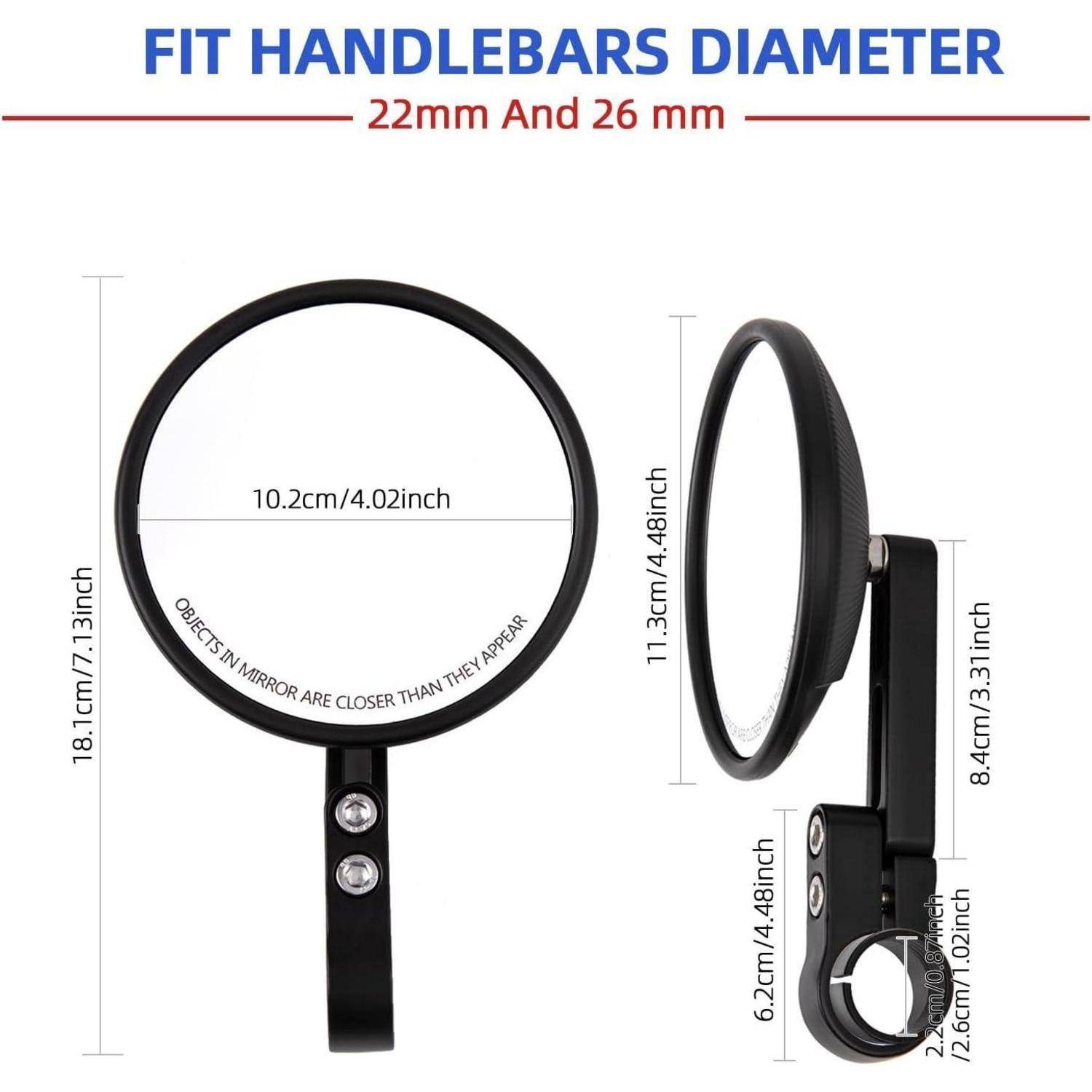 Diagramm eines runden Motorrads-Spiegels für Lenker mit der Beschriftung „PASST AUF LENKERDURCHMESSER 22 mm UND 26 mm
