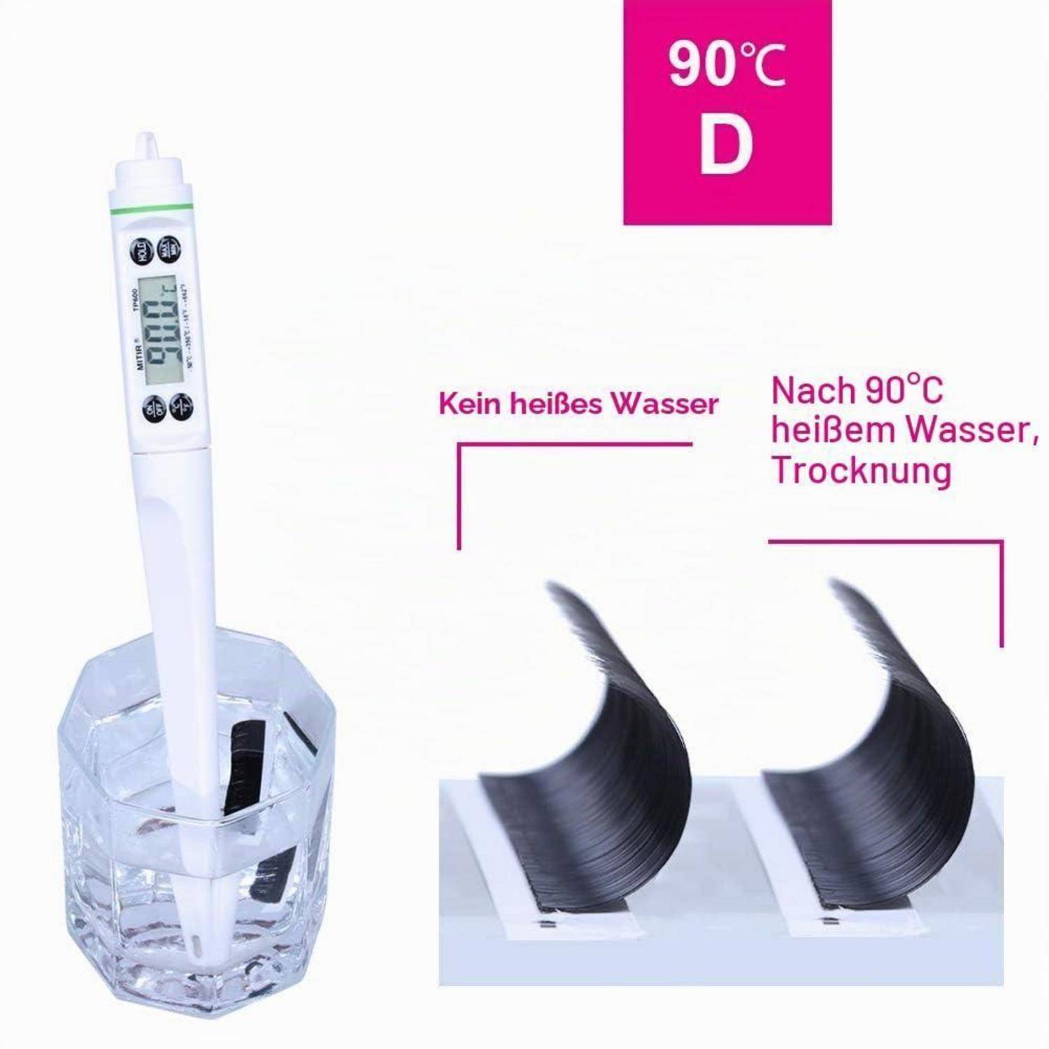 Haarstyling-Bürste/Kamm-Testbild, das ein Haareisen im Wasser neben einem Vergleich zeigt: kein heißes Wasser versus nach 90°C heißem Wasser und Trocknen; beschriftet mit „90°C D