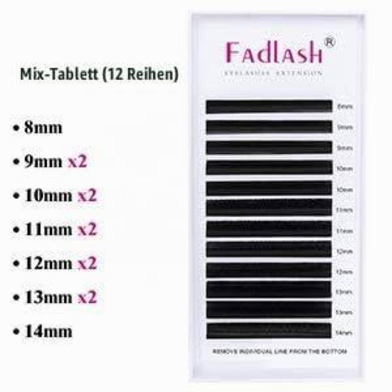 Verpackung für FadLash Mix-Tablet Wimpernverlängerungen, mit 12 Reihen: 8mm, 9mm x2, 10mm x2, 11mm x2, 12mm x2, 13mm x2 und 14mm.