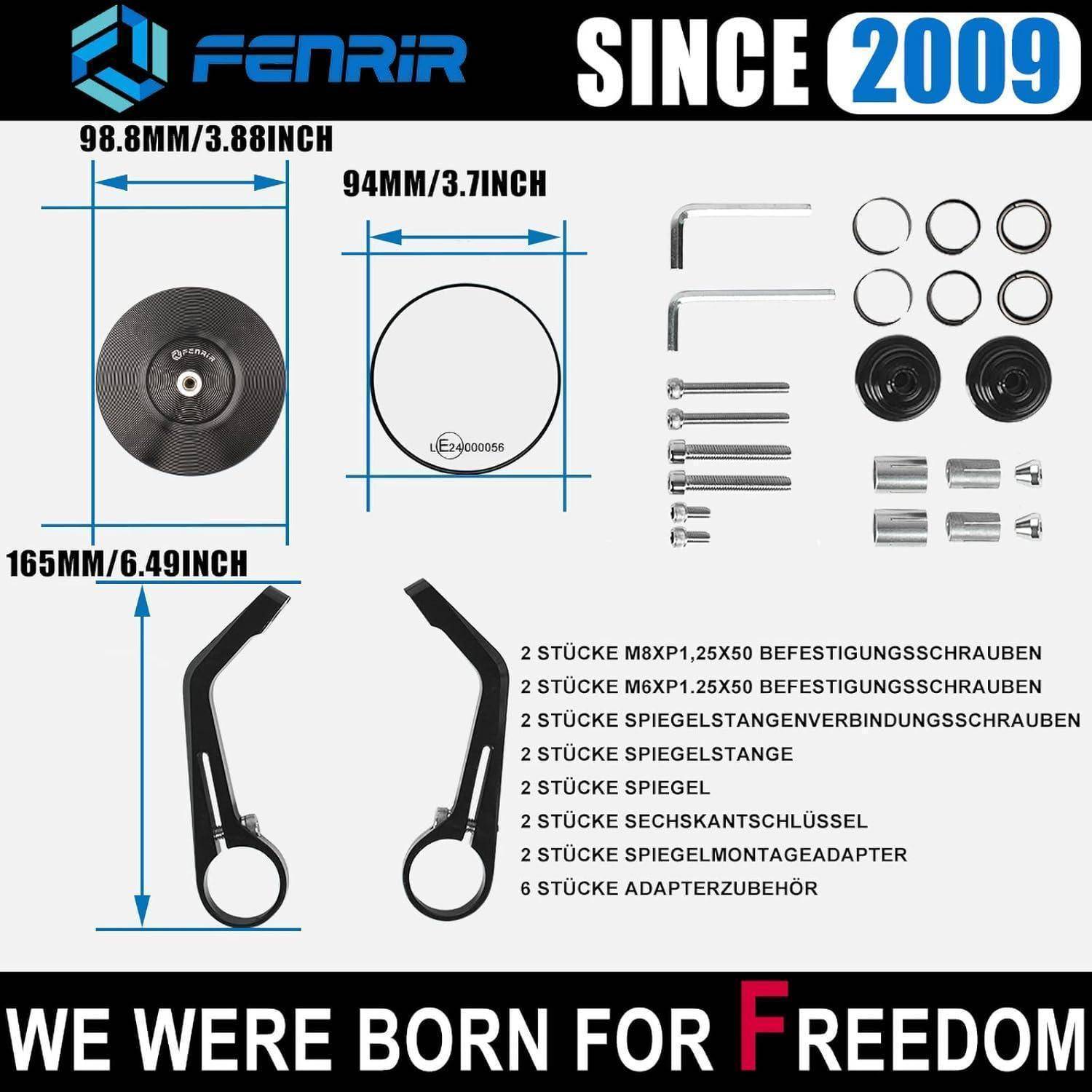 FENRIR Motorrad-Spiegelset Teillayout mit Abmessungen, zeigt Adapter, Schrauben, Spiegelstiele und schwarze runde Spiegel; Text sagt „SEIT 2009