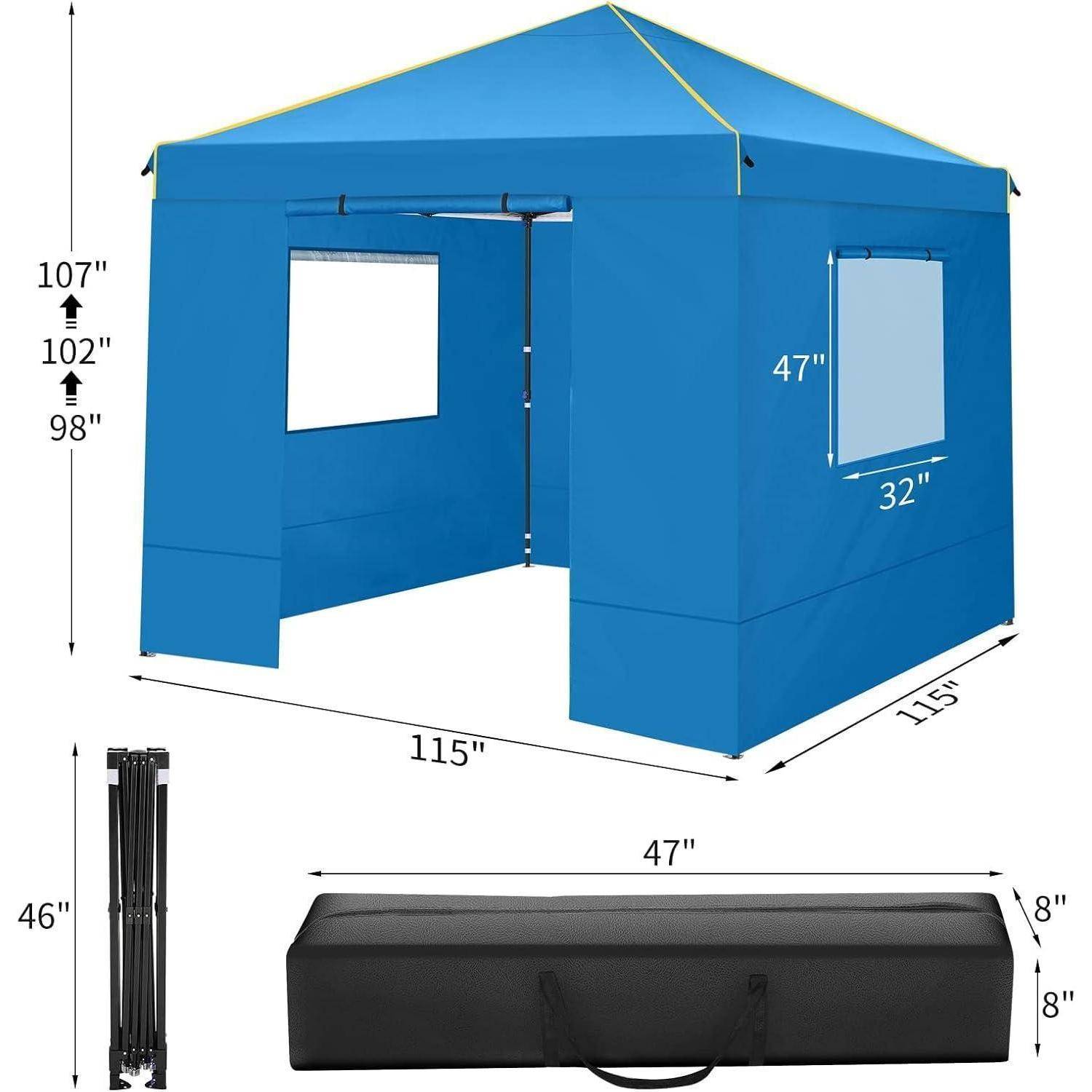 Blaues Pop-Up-Baldachindach mit einem Fenster und offener Tür, gezeigt mit Abmessungen von 115 x 115 Zoll und Höhe von 98 bis 107 Zoll, plus zusammengeklapptes Zelt in Tragetasche und Rahmenstücke.