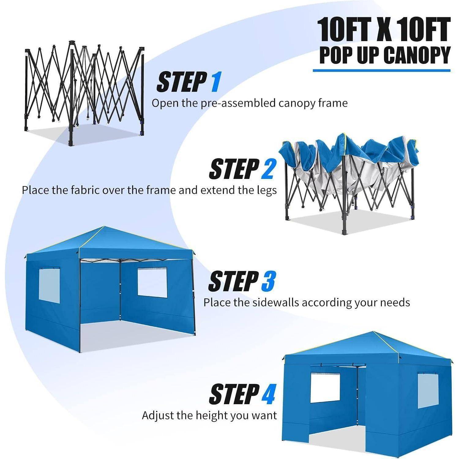Anleitungsgrafik für ein 10x10 Fuß Falt-Zelt: Schritt 1 öffnen Sie das vorgefertigte Gestell, Schritt 2 fügen Sie den Stoff hinzu und verlängern die Beine, Schritt 3 befestigen Sie die Seitenwände, Schritt 4 stellen Sie die Höhe ein.