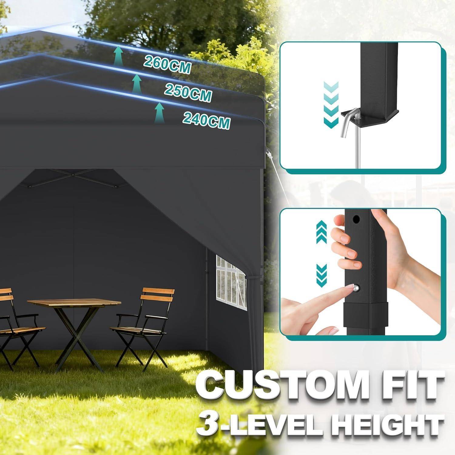 Schwarzes Outdoor-Pavillon-Zelt mit verstellbaren 3-Stufen-Höhenoptionen: 240 cm, 250 cm und 260 cm; Nahaufnahmen zeigen die Rahmensicherung und die Höhenverstelltaste.
