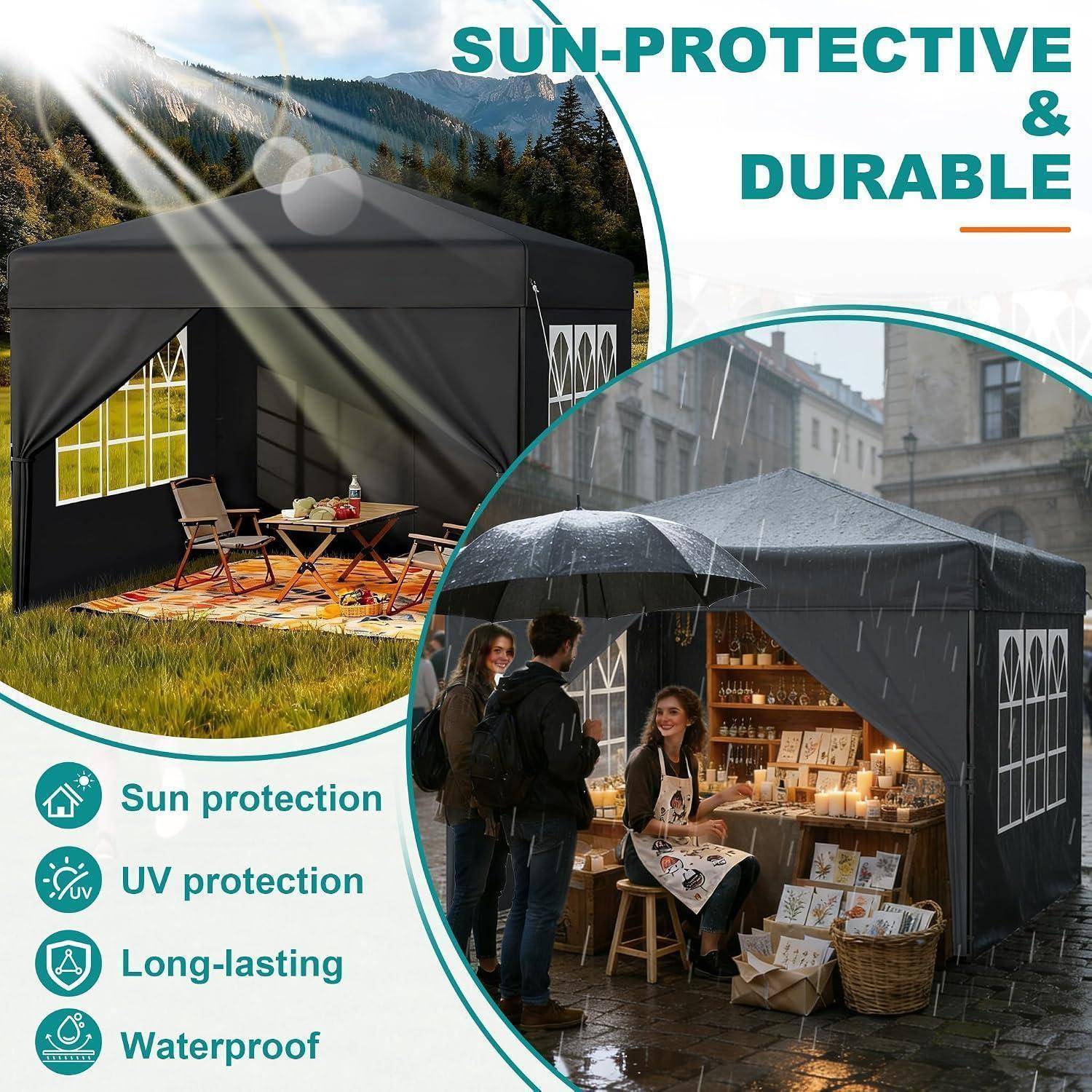Werbegrafik, die ein schwarzes Pavillon-Zelt zeigt, das im Freien bei Sonne und Regen verwendet wird, mit der Beschriftung „SONNENSCHUTZ & LANGLEBIG" mit Symbolen für Sonnenschutz, UV-Schutz, Langlebigkeit und Wasserdichtigkeit.