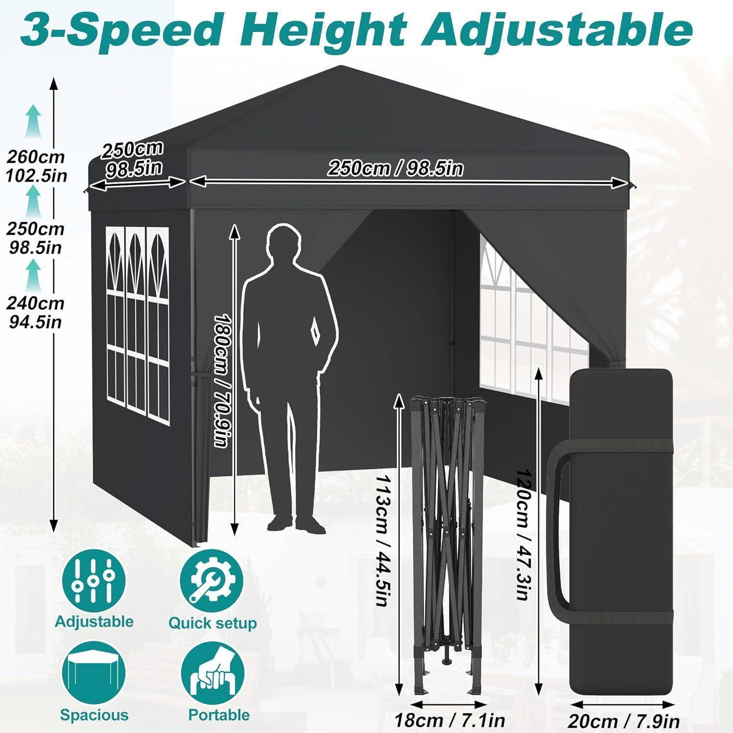 Bebildertes, 3-fach höhenverstellbares Pop-Up-Pavillon-Zelt mit 250 cm Breite, Höhenbereich 240-260 cm, 180 cm Kopffreiheit und Symbolen für verstellbar, schneller Aufbau, geräumig und tragbar.