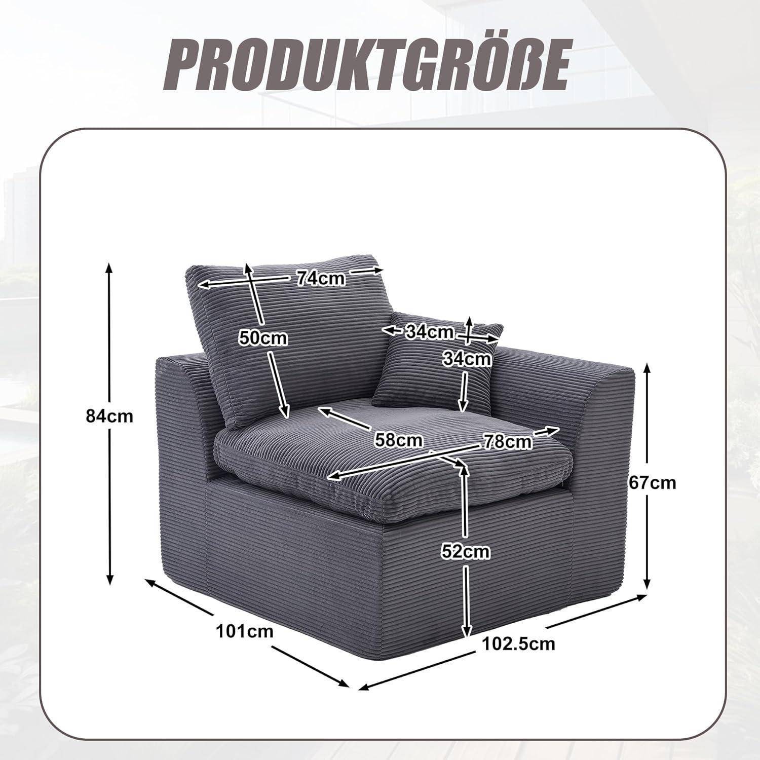 Dimensioniertes Diagramm eines grauen Sessels mit ottomane-ähnlichem Sockel, beschriftet mit „PRODUKTGRÖßE