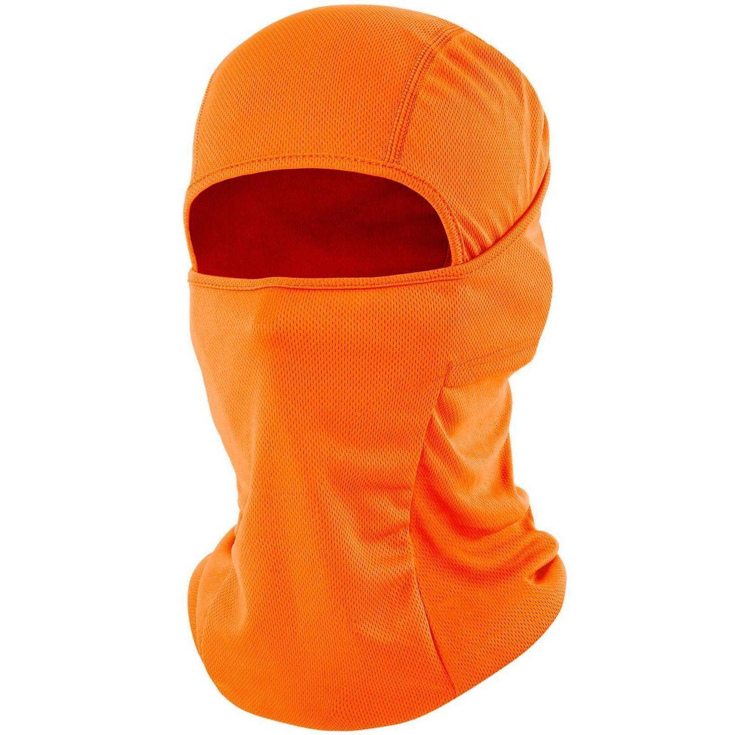 Orange Sturmhaube mit einzelner Augenöffnung, gezeigt auf weißem Hintergrund.
