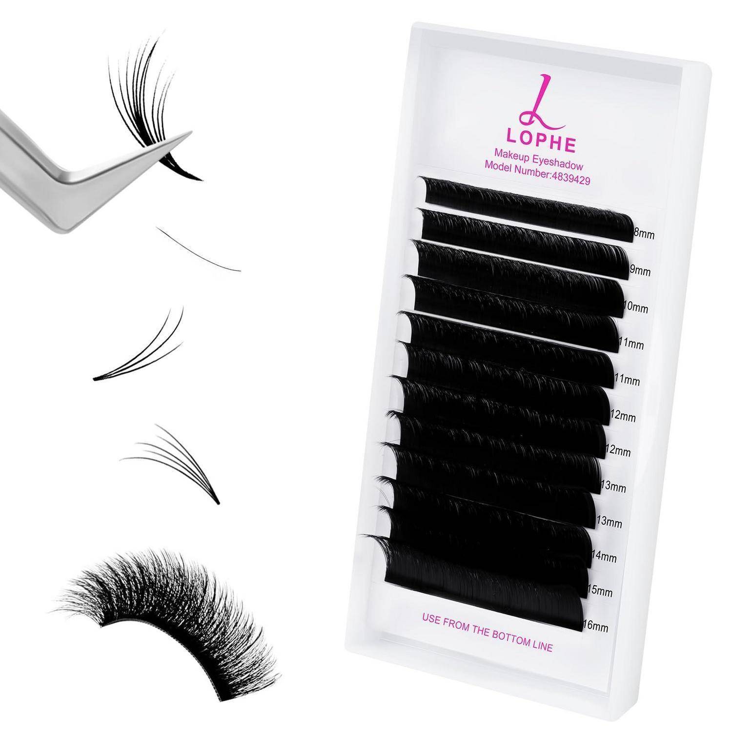 Produktbild von Wimpernverlängerungen und Pinzetten, das einzelne Wimpernbüschel zeigt, die nach Länge in einem weißen Behälter angeordnet sind, auf dem 