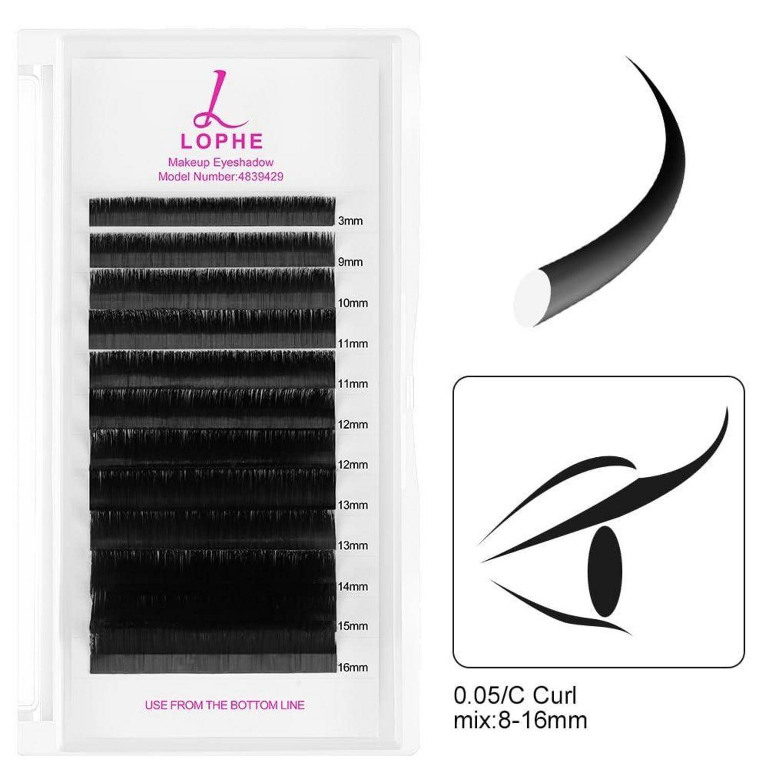 Lophe Makeup Wimpernablage mit schwarzen Wimpernverlängerungen in gemischten Längen von 8–16 mm mit 0,05/C Biegung, plus Wimpernform-Illustrationen.