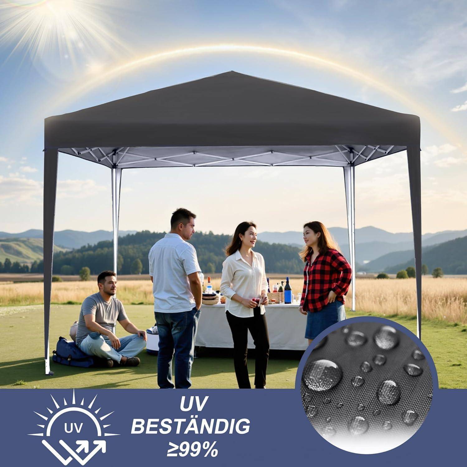 Outdoor-Pavillonzelt mit Personen, die sich unter einer schwarzen UV-beständigen Abdeckung unterhalten; der Text lautet „UV BESTÄNDIG ≥99%" und zeigt Wassertropfen.