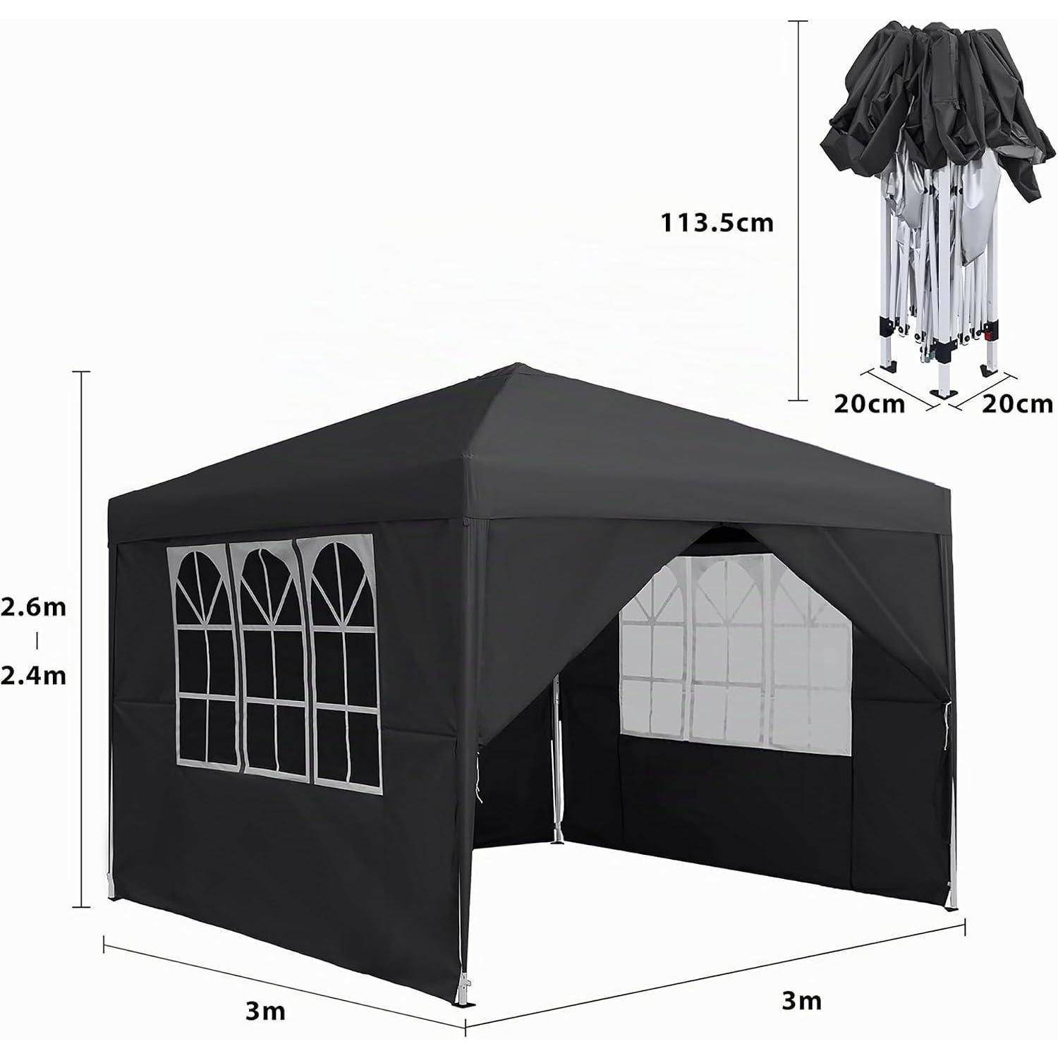 Schwarzes Pop-up-Pavillon-Zelt, 3m x 3m, mit gewölbten Fensterfeldern und offener Vorderseite; Größe zusammengeklappt: 113,5cm Höhe x 20cm Quadrat.