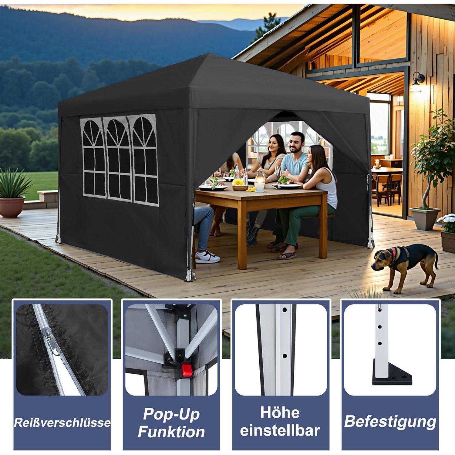Schwarzes Popup-Gartenzelt auf einer Holzterrasse, das Menschen beim Außenessen in der Nähe eines Hauses schützt, mit Beschriftungen für Reißverschluss, Pop-up-Funktion, verstellbare Höhe und Befestigung.