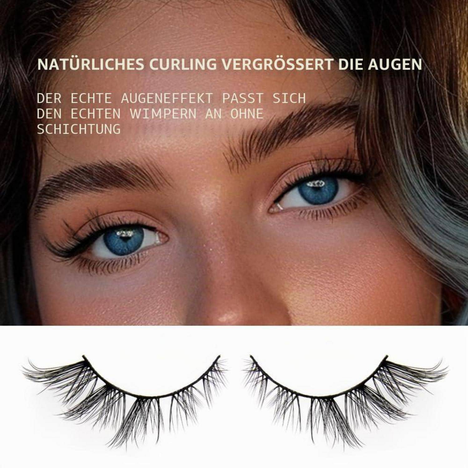 Schönheitsanzeige mit blauen Augen und gekrümmten Wimpern, mit deutschem Text, der behauptet, dass natürliches Kräuseln die Augen größer erscheinen lässt und auf natürliche Wimpern ohne Mascara passt; darunter sind zwei Beispiele für künstliche Wimpern.