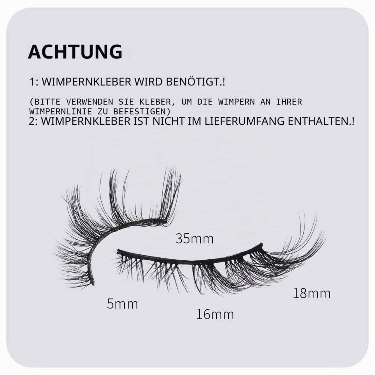 Anleitung für künstliche Wimpern: Warnung, dass Wimpernkleber erforderlich ist und nicht enthalten ist; zeigt Wimpernlängen von 35 mm, 18 mm, 16 mm und 5 mm.