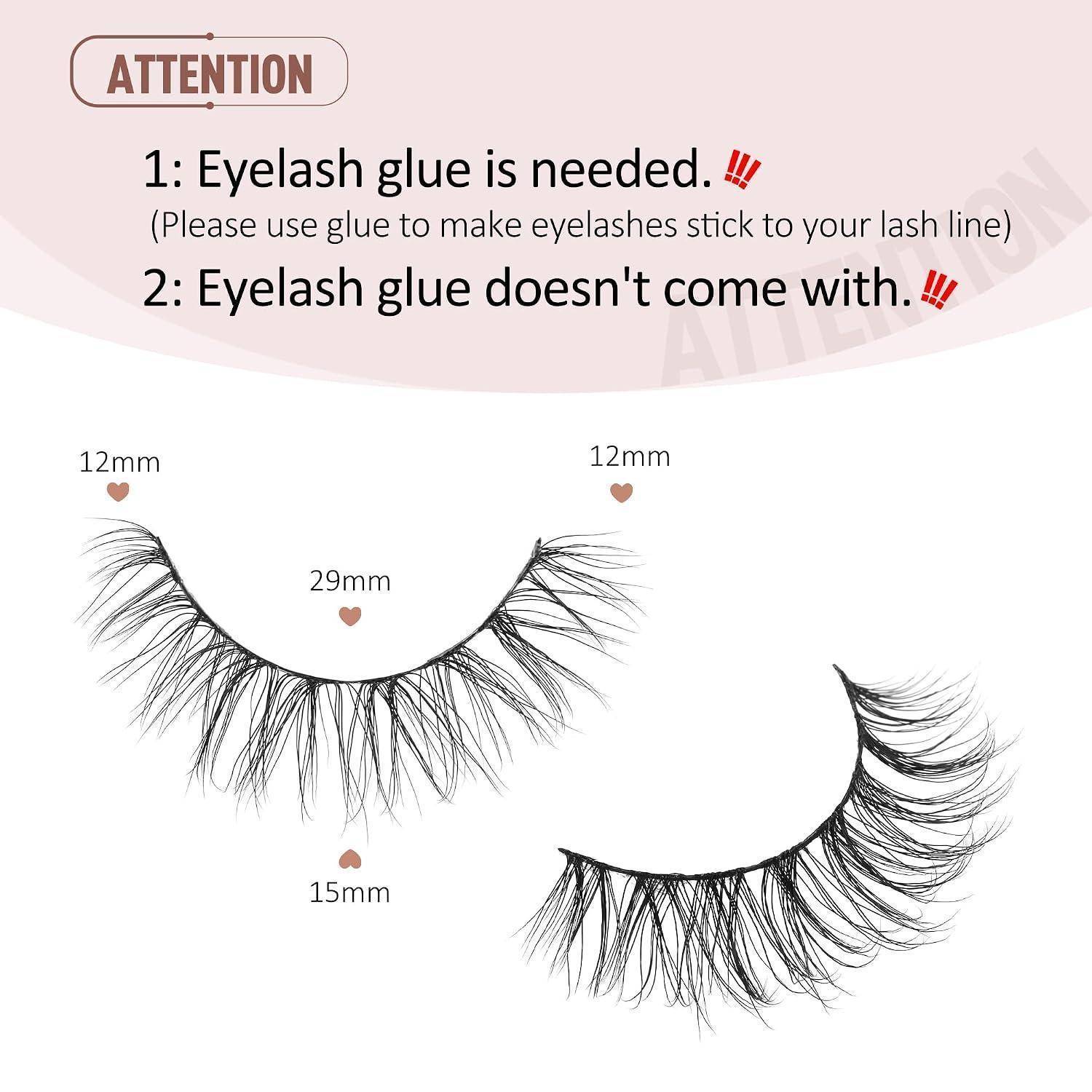 Wimpernprodukthinweis: Kleber ist erforderlich und nicht im Lieferumfang enthalten; das Bild zeigt zwei Falschimmer-Stile mit Abmessungen von 12 mm, 29 mm und 15 mm.