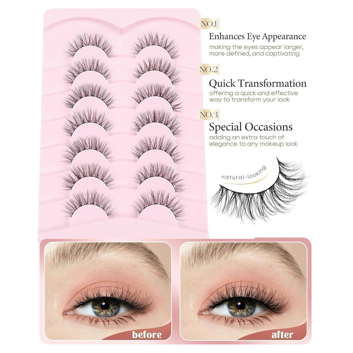 Promotionsbild für Wimpern mit einer Reihe von künstlichen Wimpern, drei aufgelistete Vorteile und Vorher-Nachher-Fotos der Augen, die einen volleren Wimpernlook zeigen.