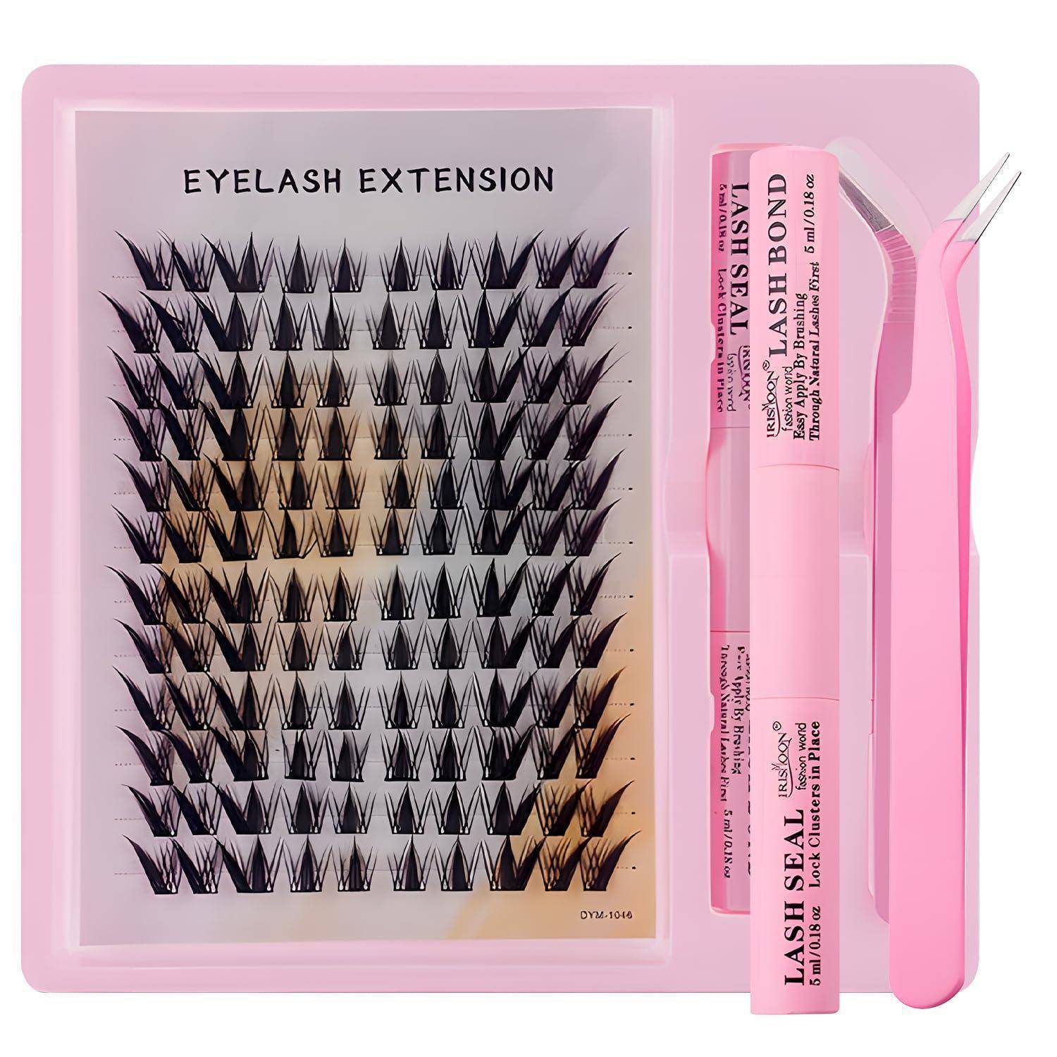 Wimpernverlängerungs-Set in Rosa mit einem Tablett mit künstlichen Wimpern, zwei Tuben Wimpernkleber und einer Pinzette auf der rechten Seite.