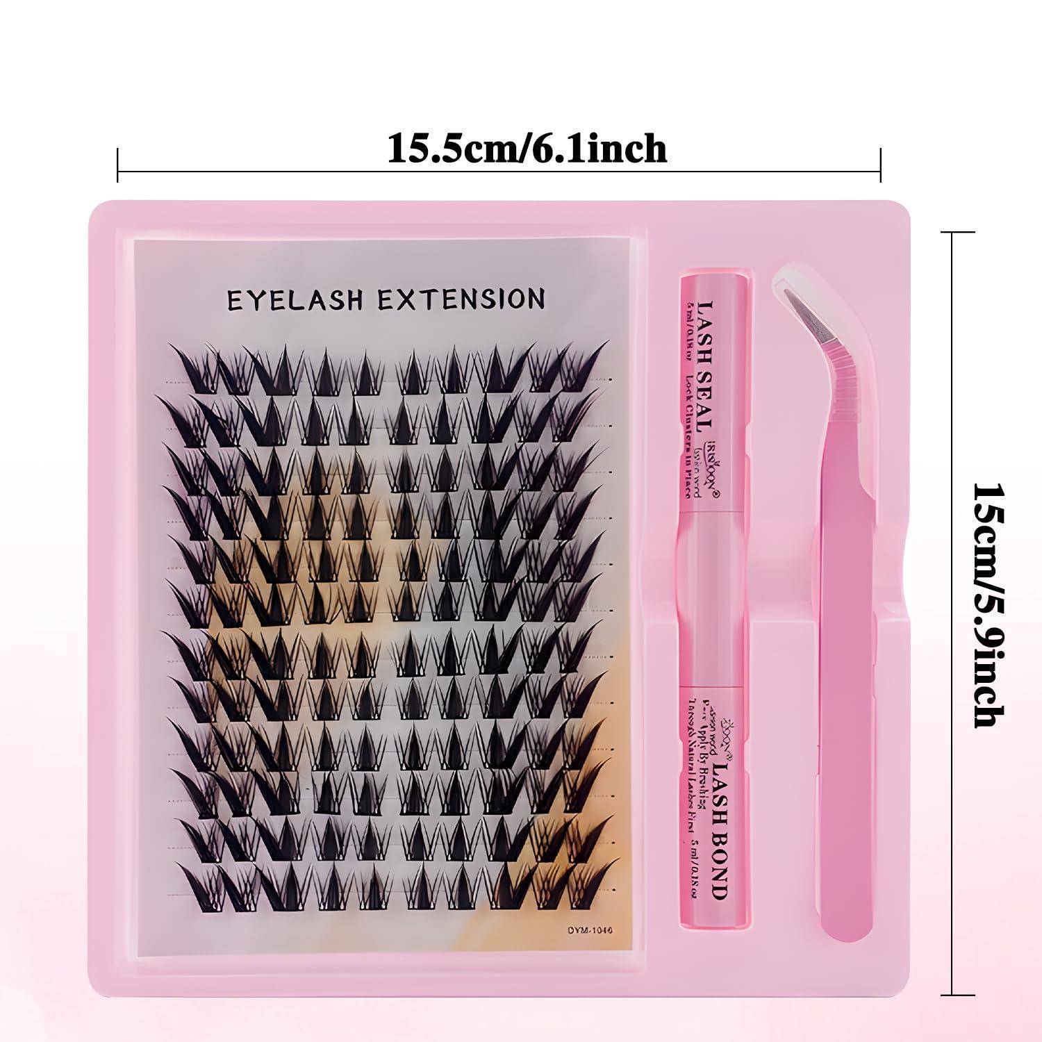 Pink Wimpernverlängerungs-Set mit gemischten Wimpern-Tabletts, zwei Applikator-Tools und Größenetiketten mit den Maßen 15,5 cm x 15 cm.