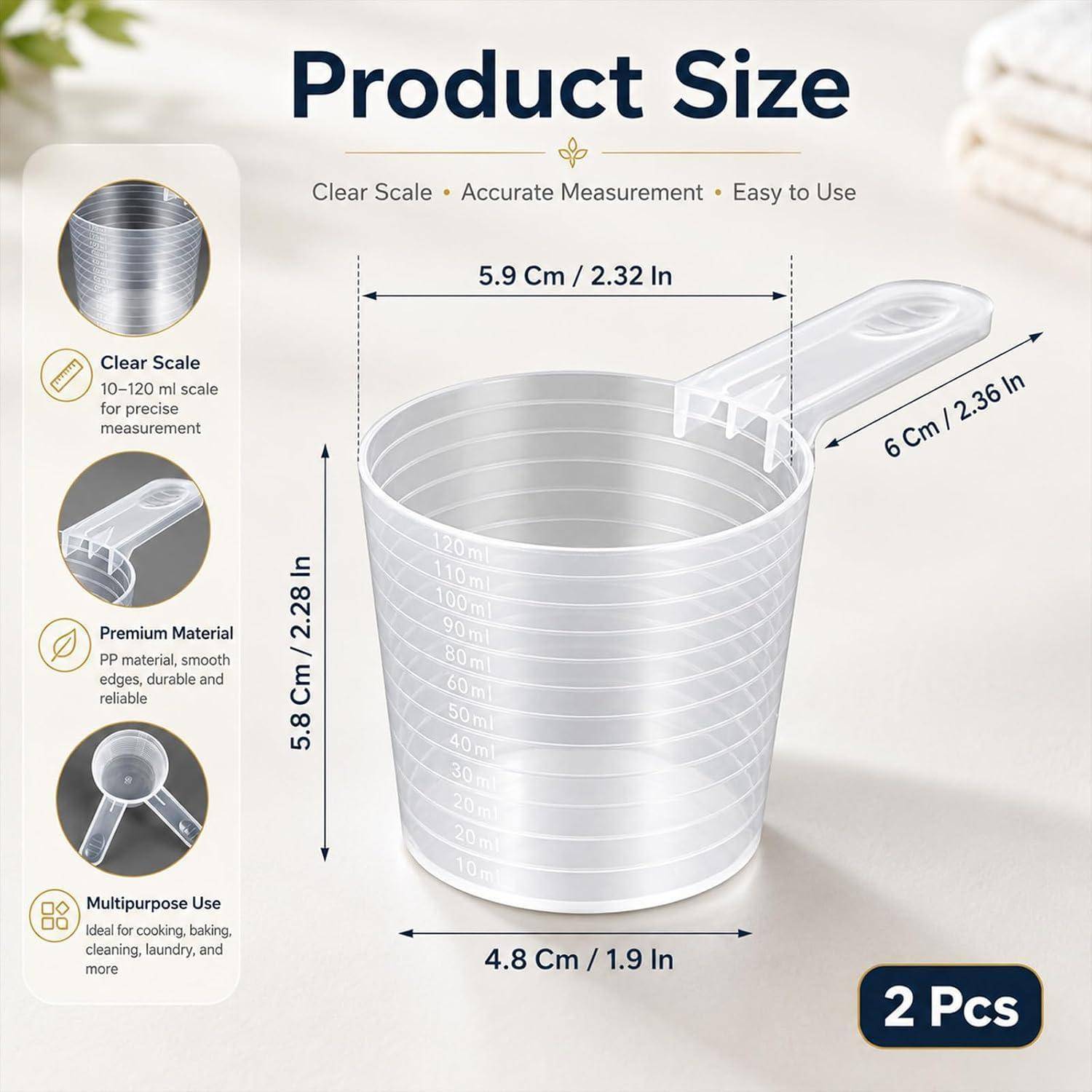 Produktgrößendiagramm für einen durchsichtigen Messbecher mit Griff, das die Abmessungen zeigt: 5,9 cm Breite, 5,8 cm Höhe, 4,8 cm Basis und 6 cm Griff; die Packung enthält 2 Stück.