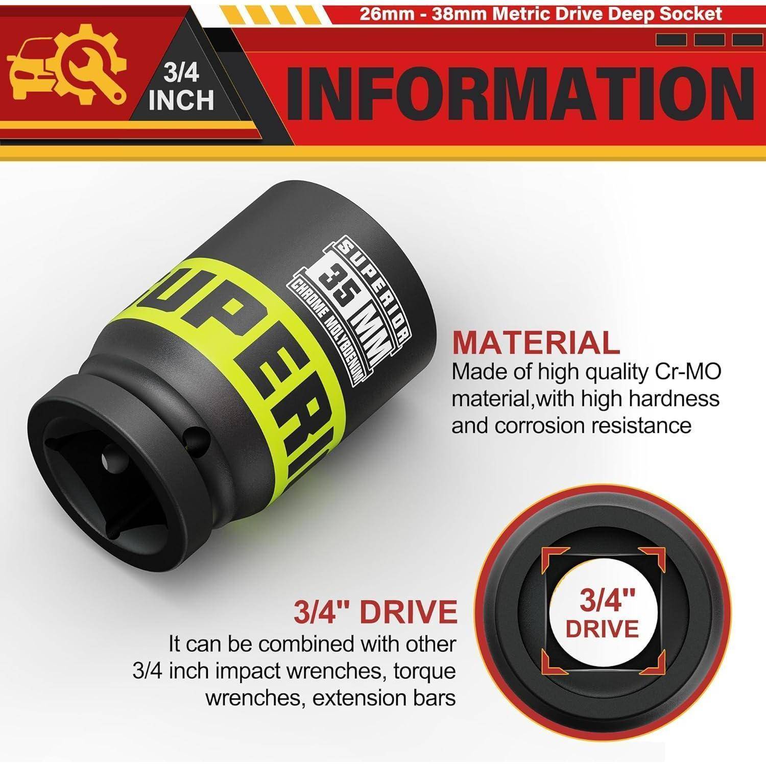 3/4-Zoll-Stecknuss mit 26 mm bis 38 mm metrischem Antrieb, hergestellt aus hochwertigem Cr-MO für Haltbarkeit und Korrosionsbeständigkeit; 3/4-Zoll-Antriebskompatibilität bestätigt.