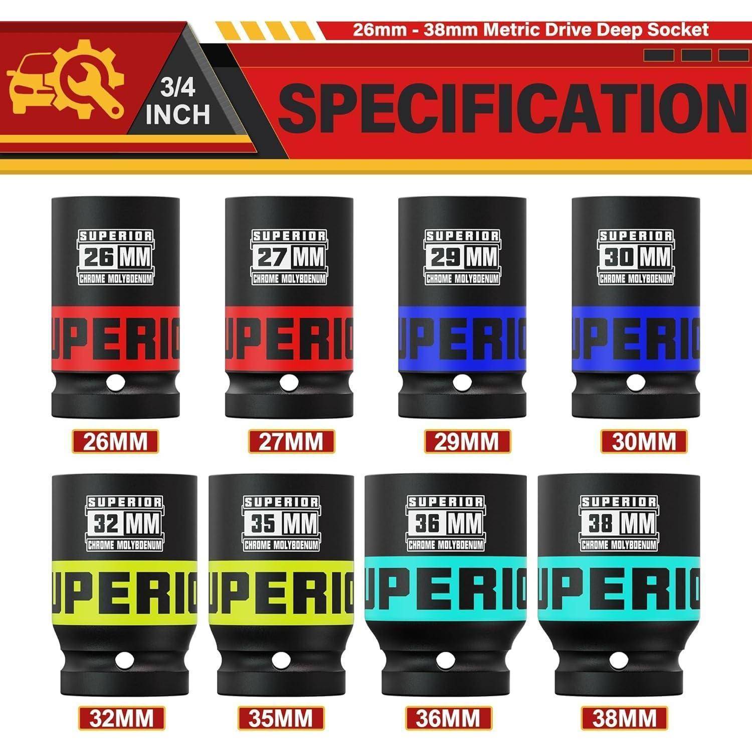 Spezifikationsdiagramm für 3/4-Zoll-Metrische-Antrieb Tiefensockel, mit acht schwarzen Sockeln mit den Bezeichnungen 26mm, 27mm, 29mm, 30mm, 32mm, 35mm, 36mm und 38mm.