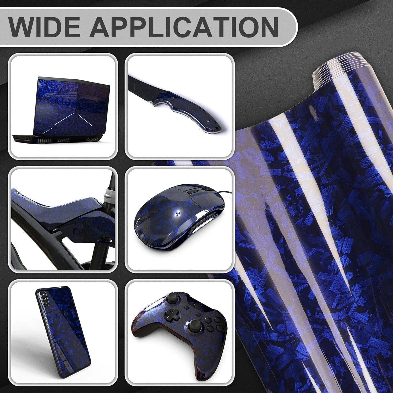 Blau gemusterter Vinyl-Wrap, der auf Laptop, Messergriff, Fahrradrahmen, Maus, Telefon und Game-Controller angebracht ist, mit der Bezeichnung „BREITE ANWENDUNG