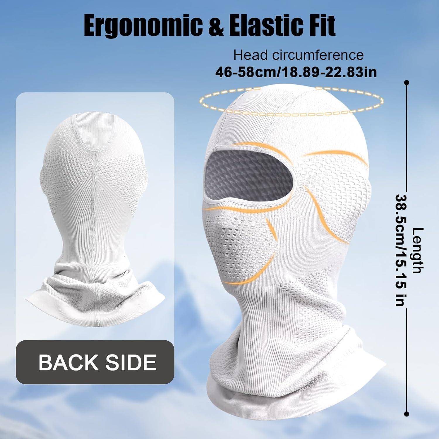 Produktbild einer weißen elastischen Sturmhaube/Skimaske, Vorder- und Rückansicht, gekennzeichnet mit „Ergonomische & elastische Passform", passt Kopfumfang 46-58 cm und Länge 38,5 cm.