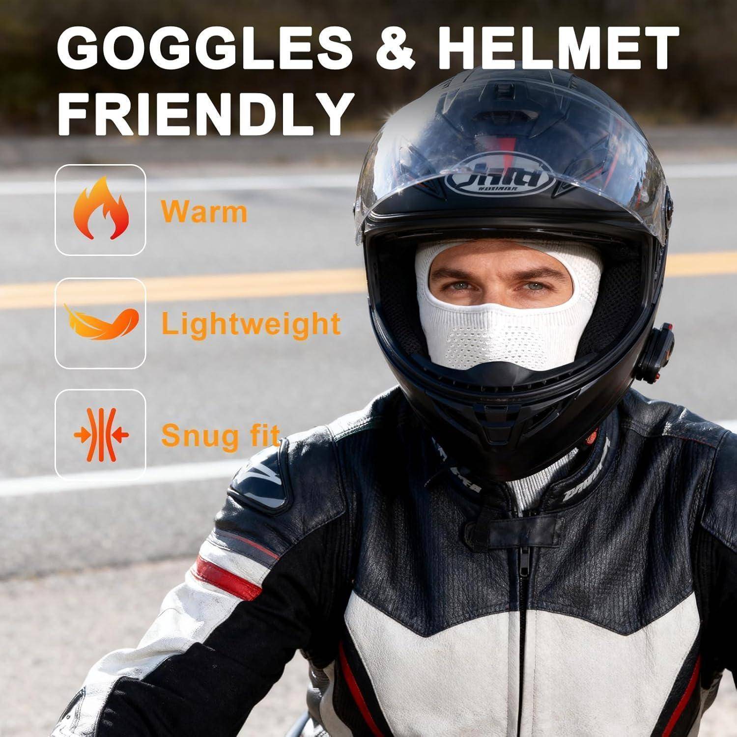 Motorradfahrer mit Vollvisierhelm und Gesichtsschutz, mit Text, der „SCHUTZBRILLE & HELMFREUNDLICH", „Warm"", „Leicht"" und „Perfekte Passform"" bewirbt.