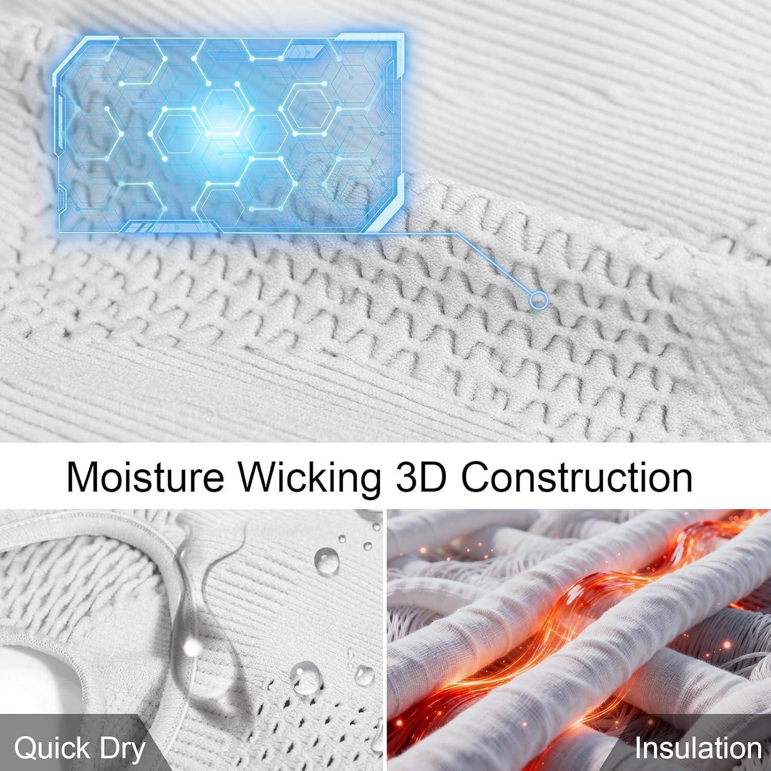 Werbegrafik für feuchtigkeitstransportierender 3D-Konstruktion in Stoff, die schnelltrocknende und Isolationseigenschaften mit Wassertropfen und Wärme zwischen strukturierten Fasern zeigt.