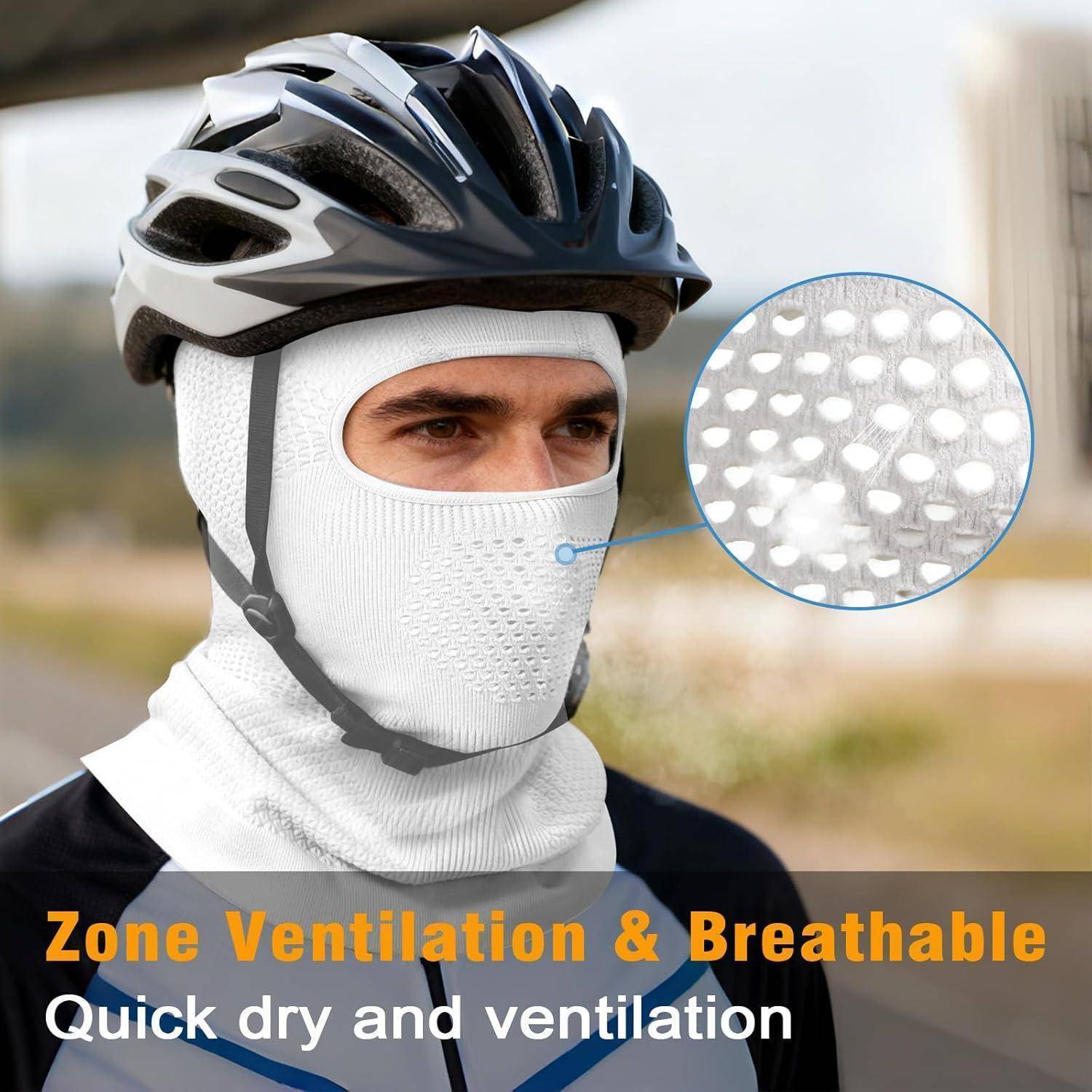 Radfahrer, der eine belüftete weiße Sturmmaske und einen Helm trägt, mit einer Nahaufnahme-Einfügung, die atmungsaktives Netzgewebe hervorhebt, und dem Text „Zone Ventilation & Breathable Quick dry and ventilation" (Belüftungszone und atmungsaktiv Schnelltrocknend und Belüftung).